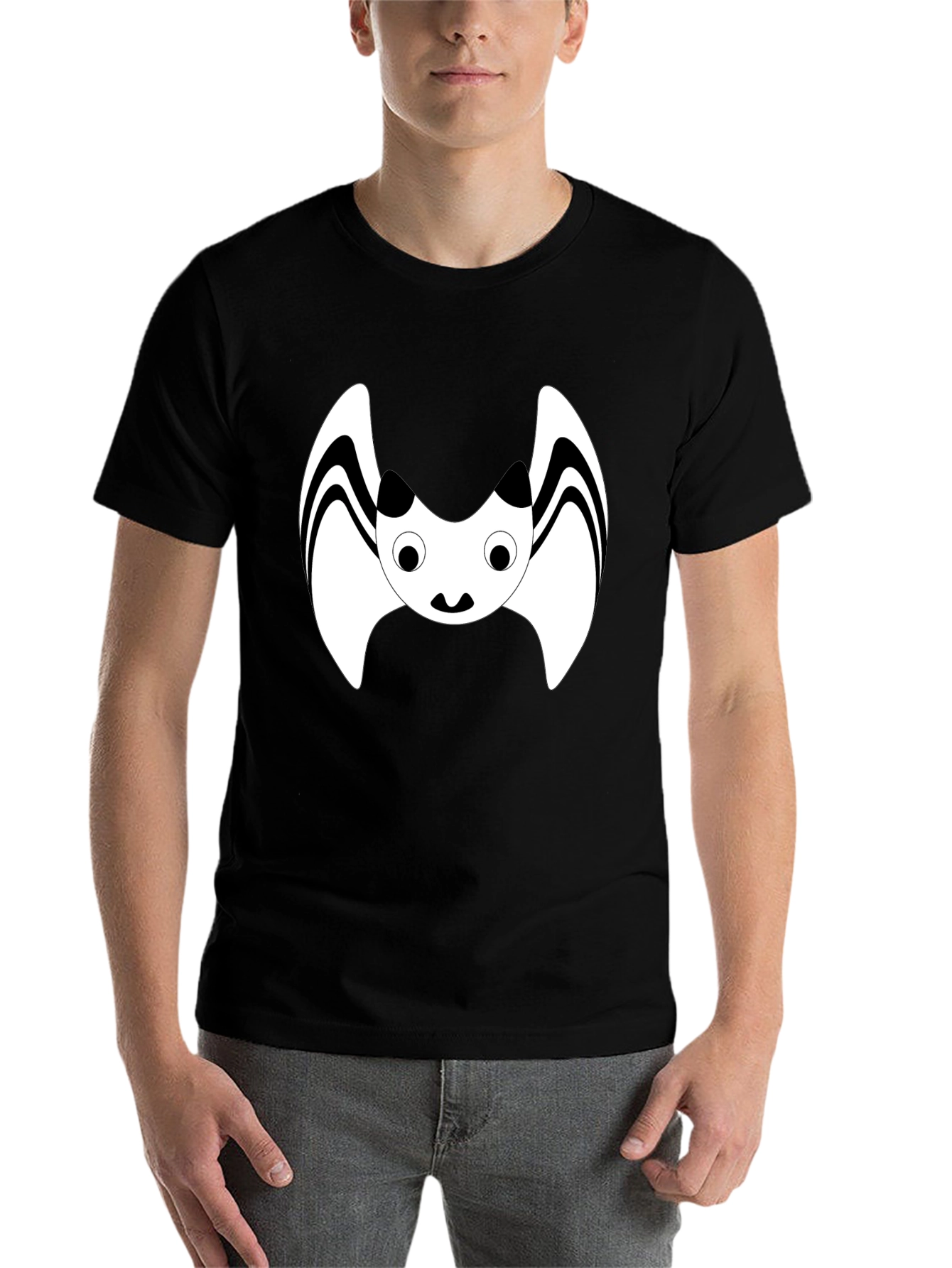 Black Cute Cartoon Bat Graphic Black T-Shirt view 7