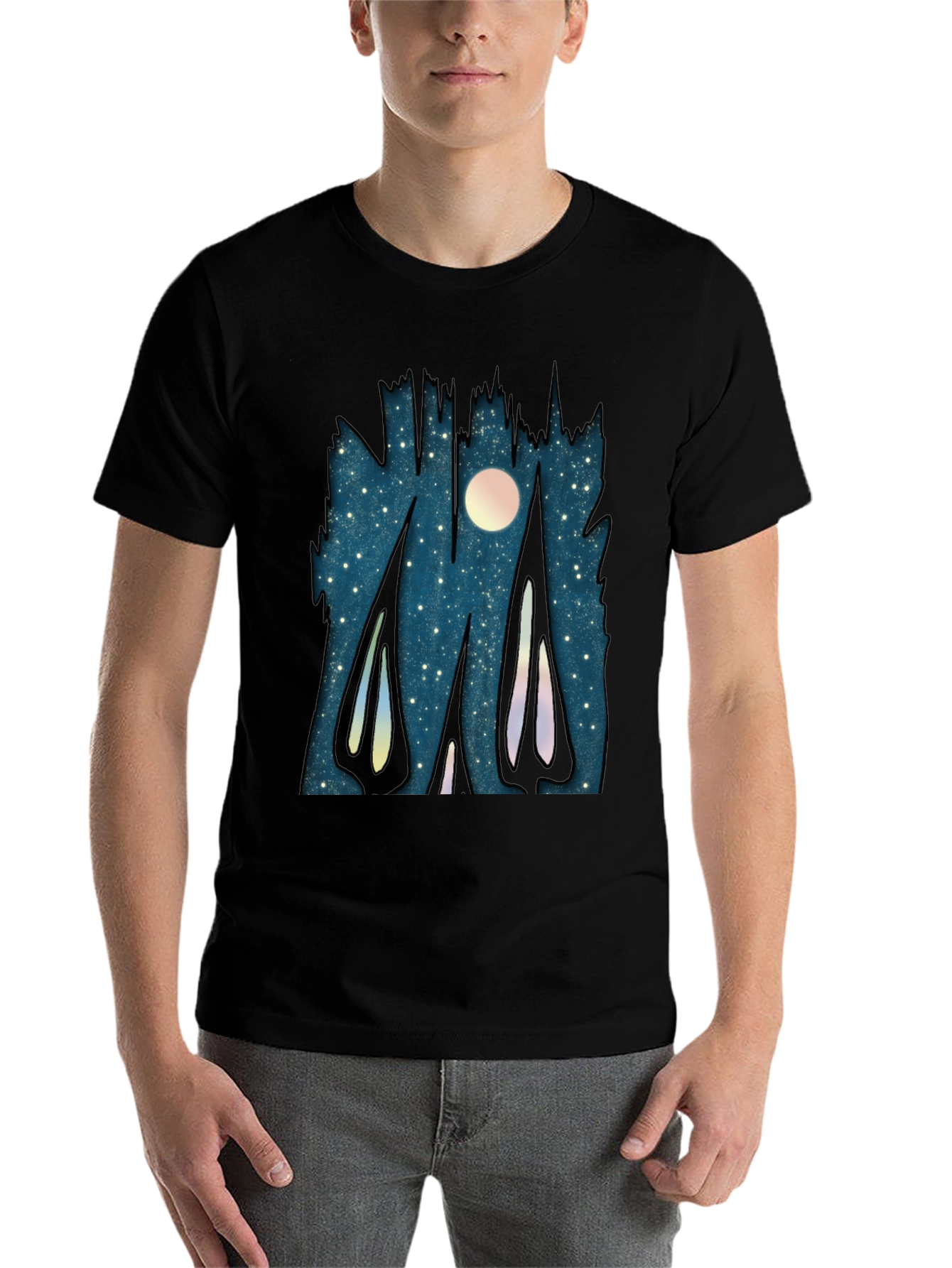 Black Starry Night Forest Graphic T-Shirt view 7