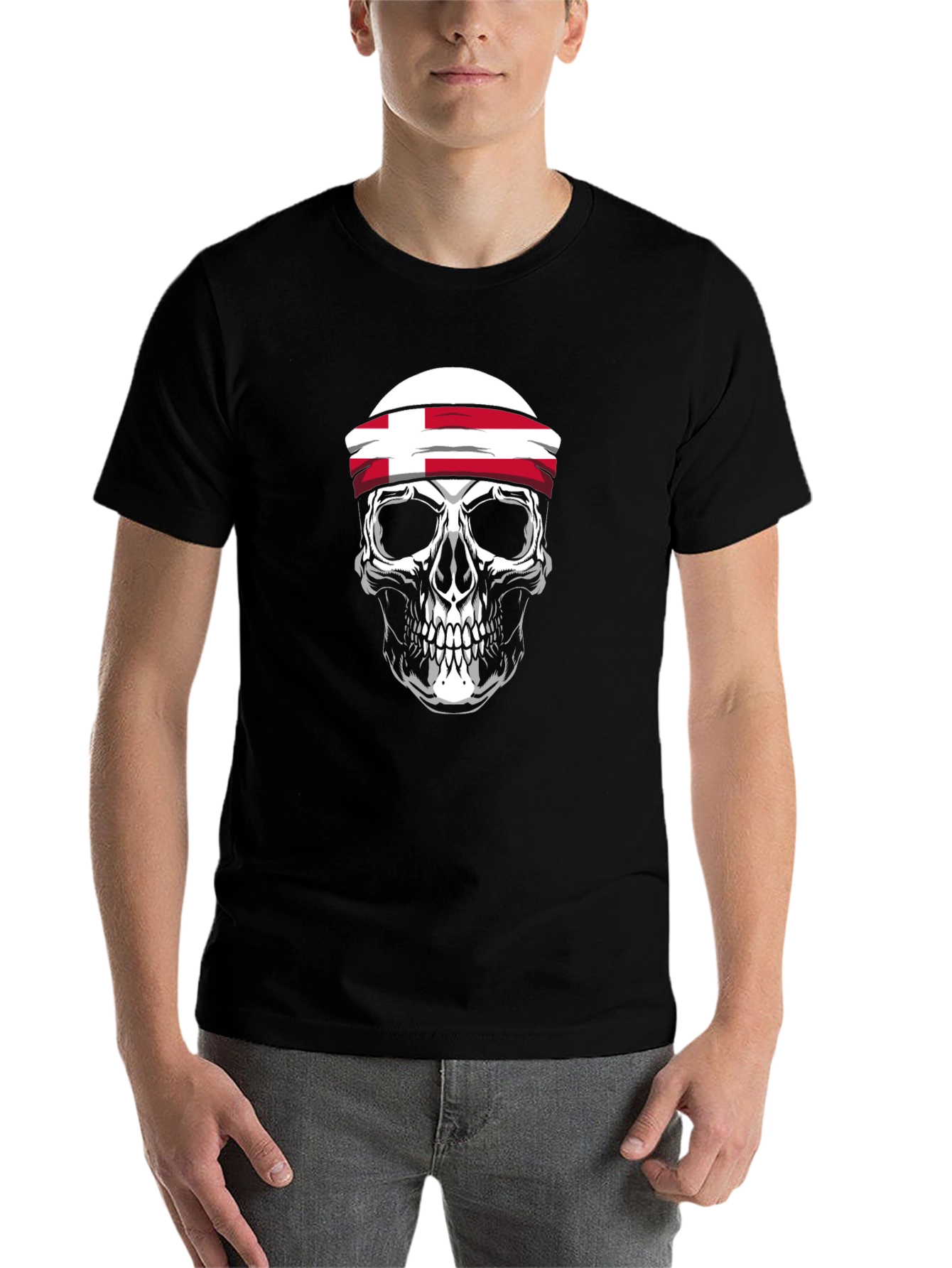 Black Skull with Denmark Flag Headband T-Shirt - Men's Black Tee view 7