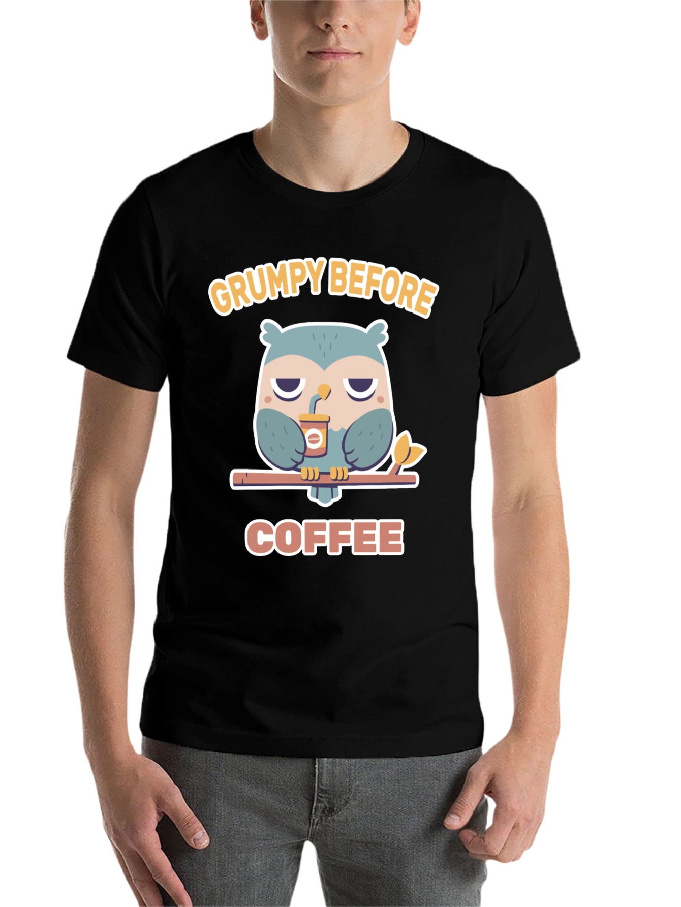 Black Grumpy Before Coffee Owl Graphic Tee view 7