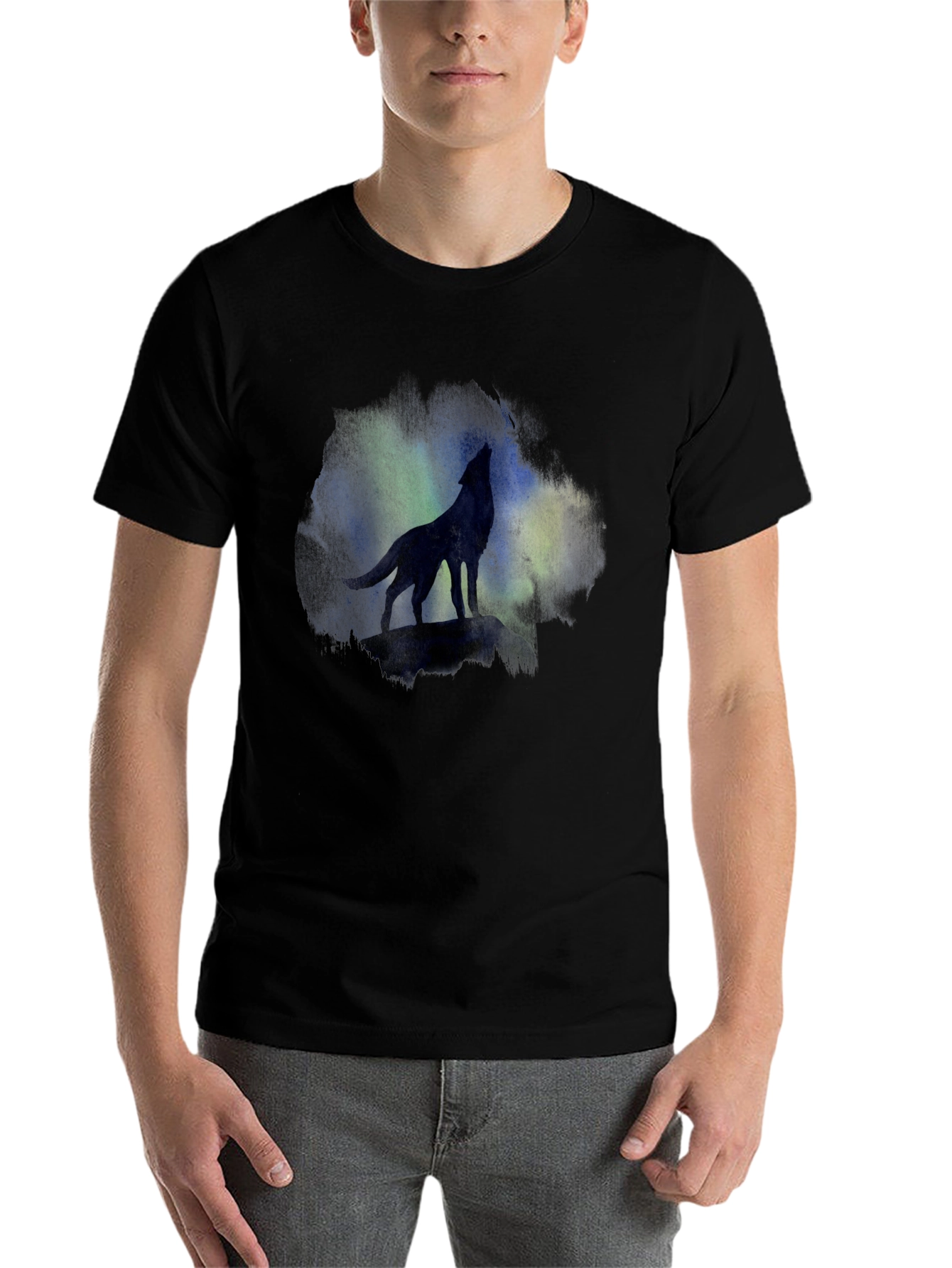 Black Wolf Howling at Aurora Borealis T-Shirt view 7