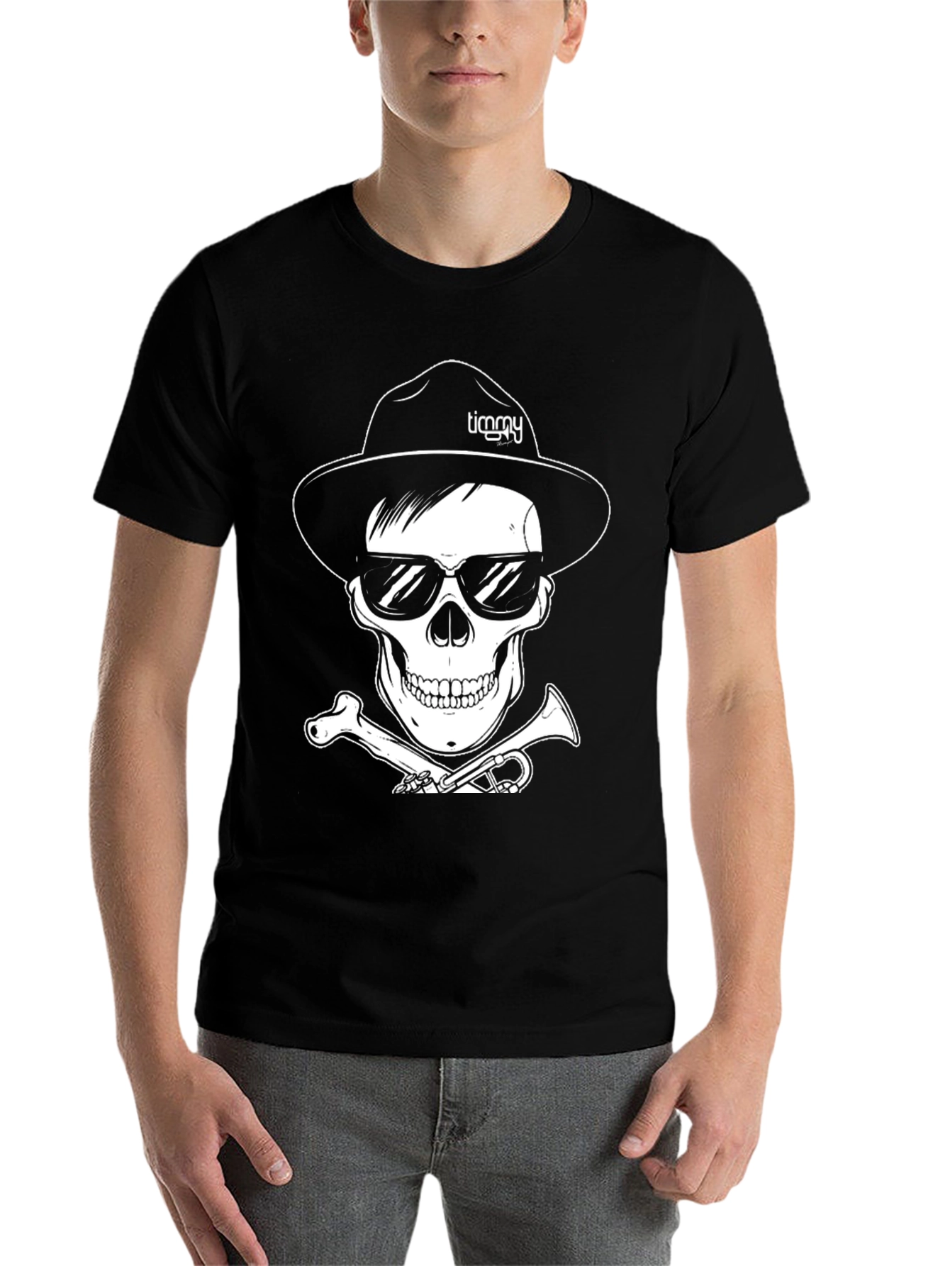 Black Skull with Hat & Sunglasses Graphic Tee view 7