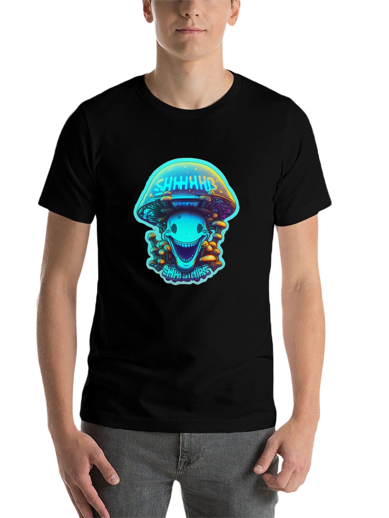 Black Trippy Mushroom Graphic Tee - Black Cotton Blend view 7