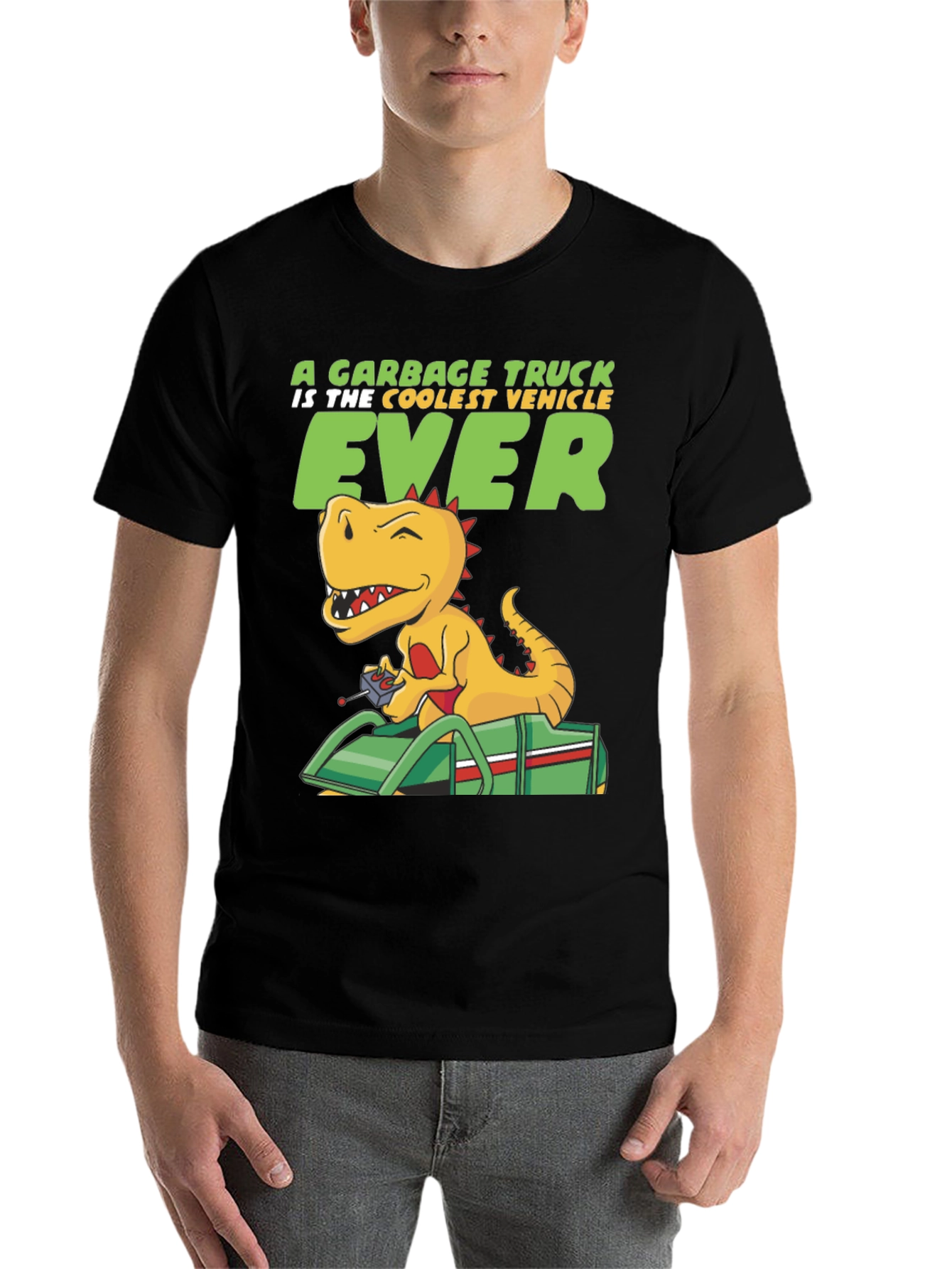 Black Cool Dinosaur Garbage Truck T-Shirt view 7
