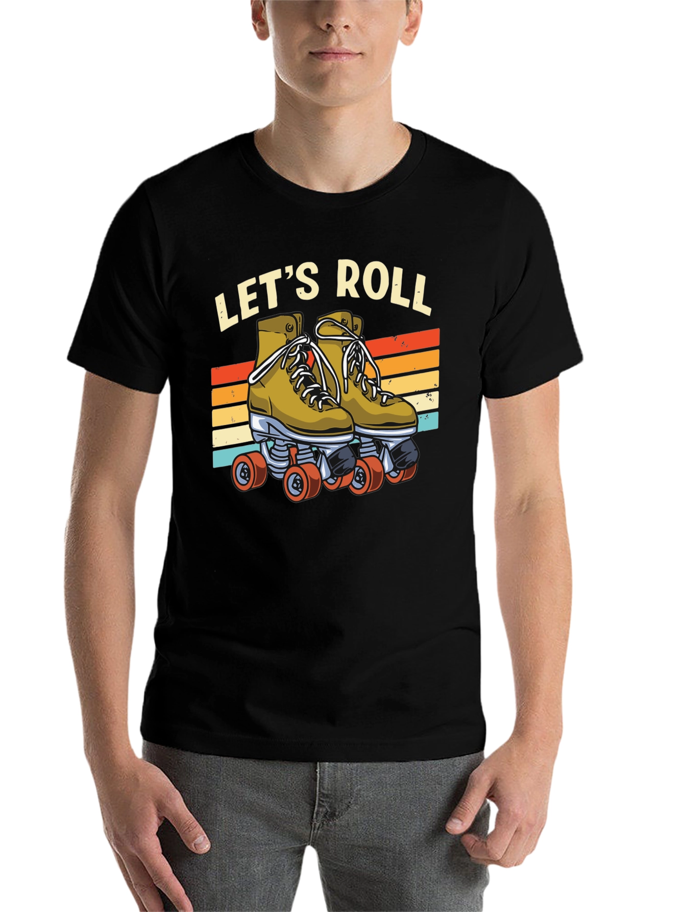 Black Let's Roll Retro Roller Skate T-Shirt view 7