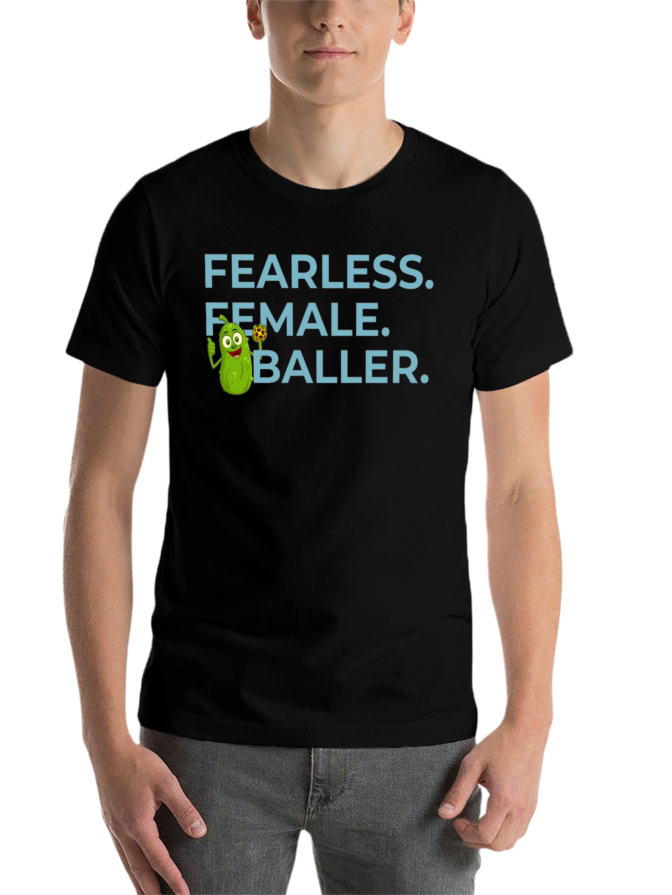 Black Fearless Female Baller T-Shirt - Funny Pickle Cartoon view 7