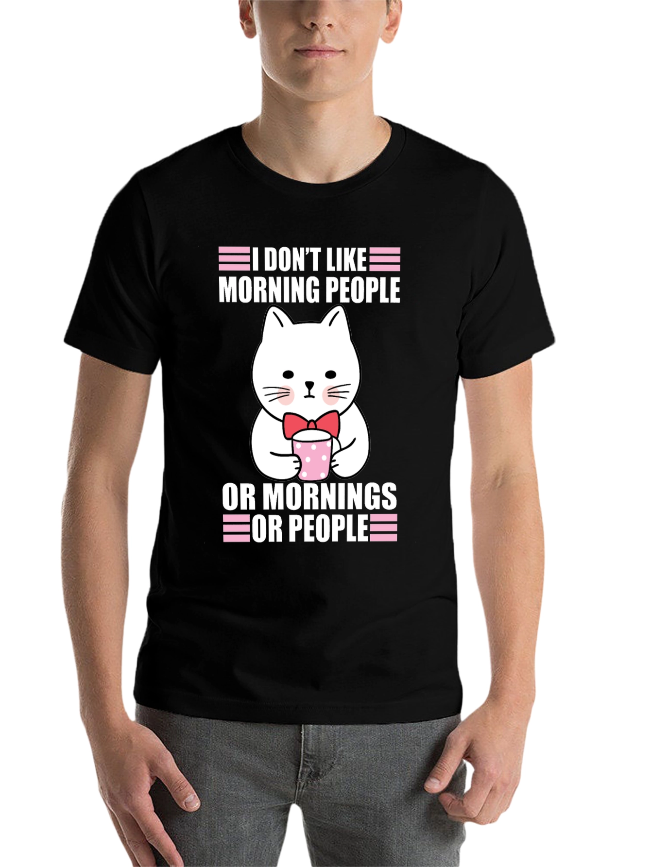 Black Funny Cat T-Shirt - I Don't Like Morning People view 7