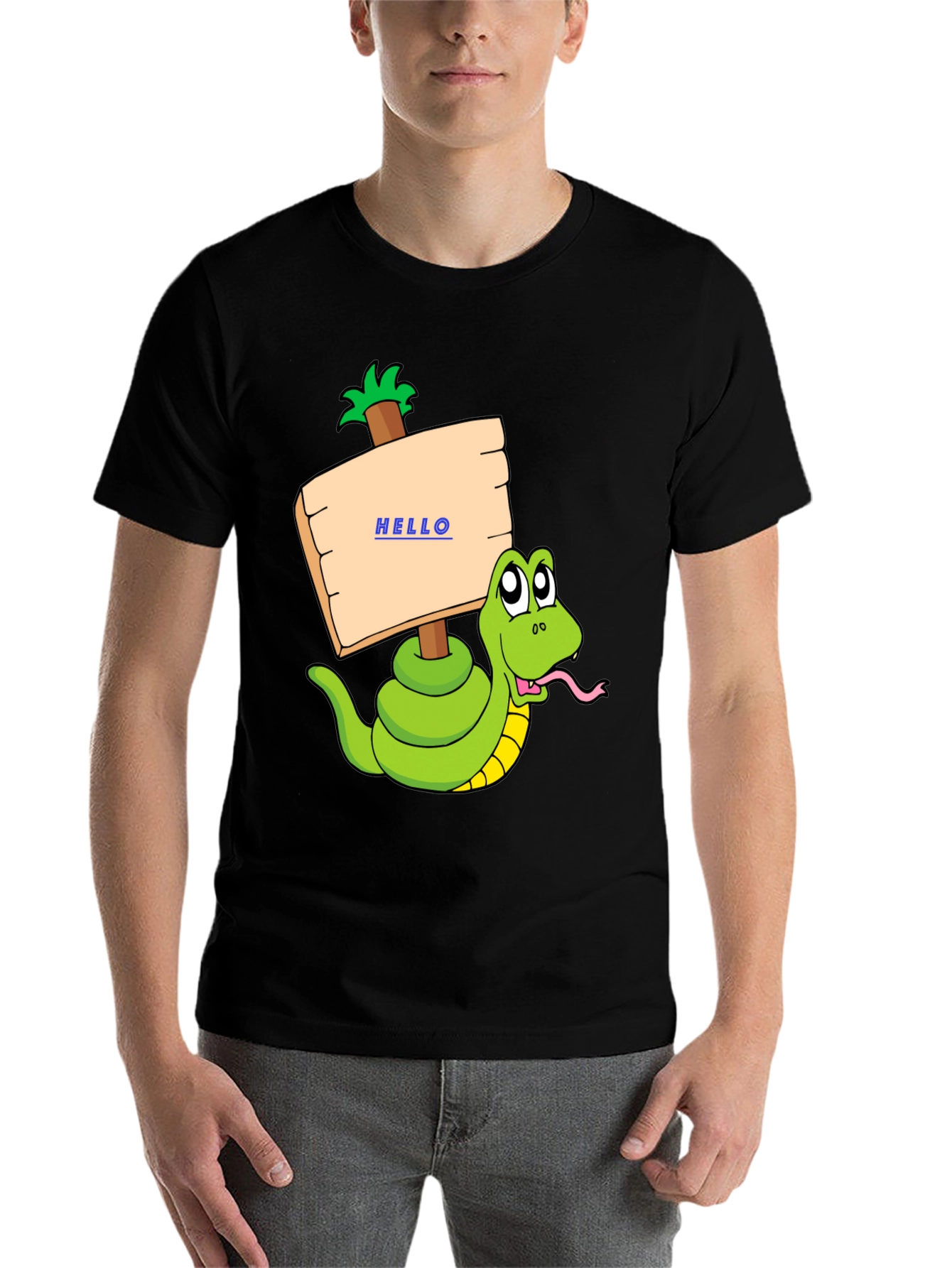 Black Funny Snake Graphic T-Shirt - Hello Sign view 7
