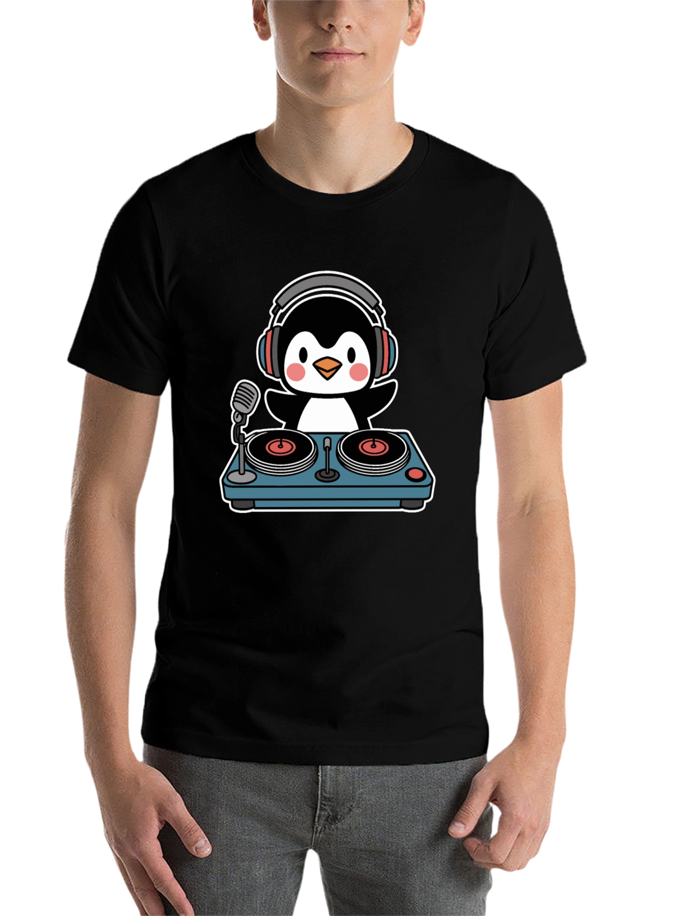 Black DJ Penguin Black T-Shirt - Music Lover's Tee view 7