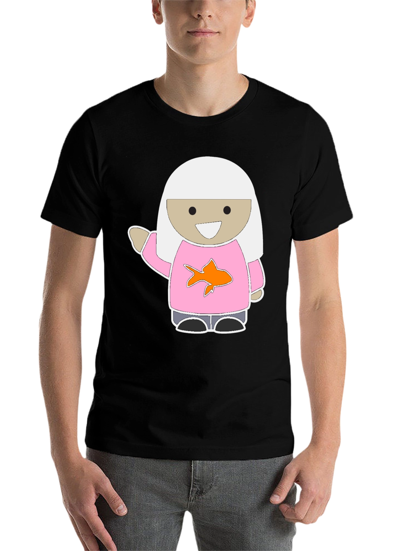 Black Cute Cartoon Girl Pink Fish T-Shirt view 7