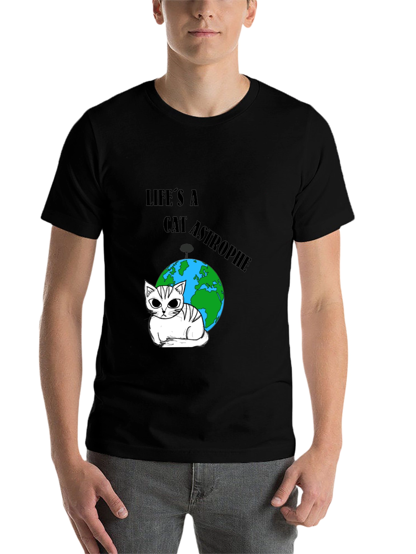 Black Catastrophe T-Shirt: Earth & Feline Humor view 7