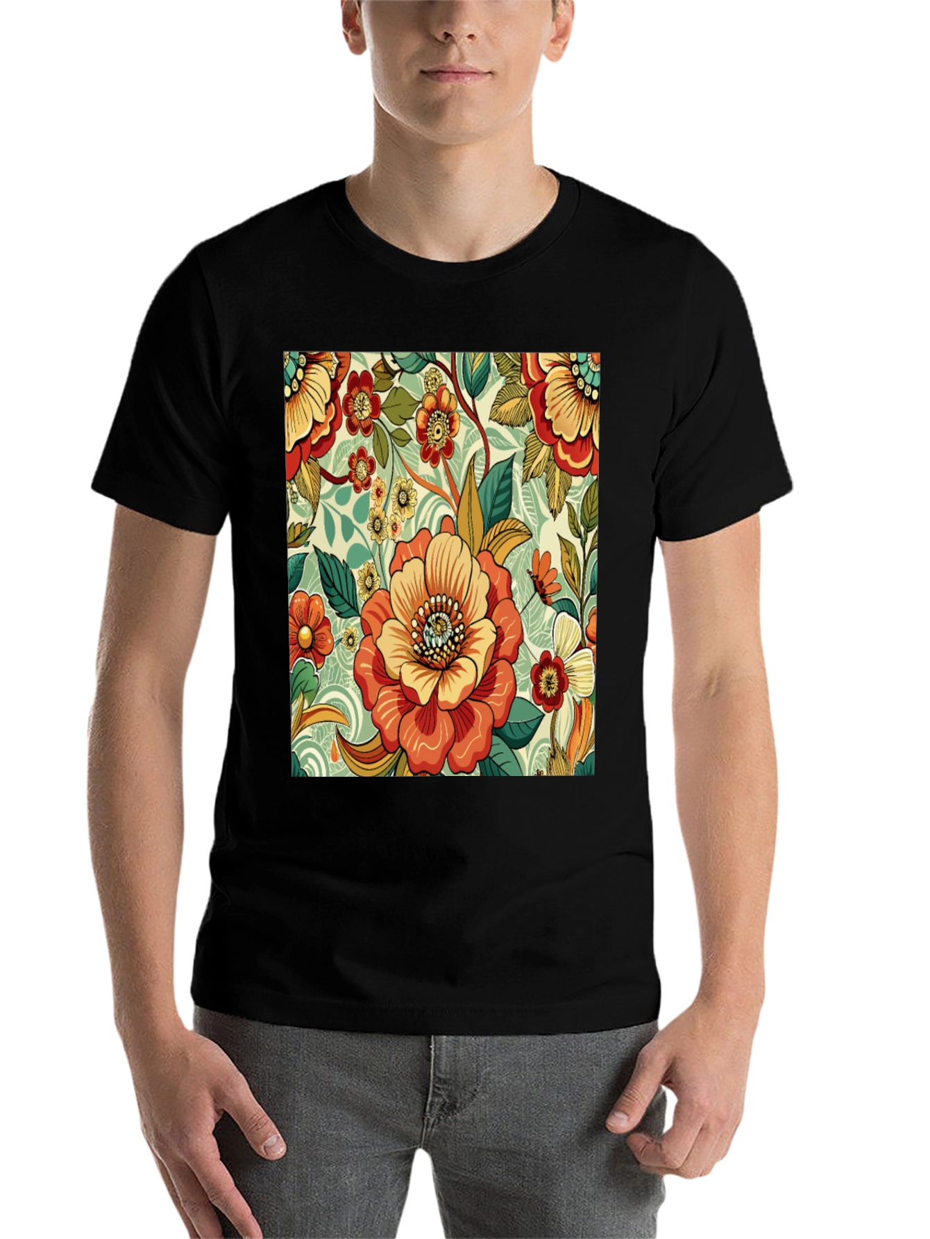 Black Floral Pattern Print Black T-Shirt view 7