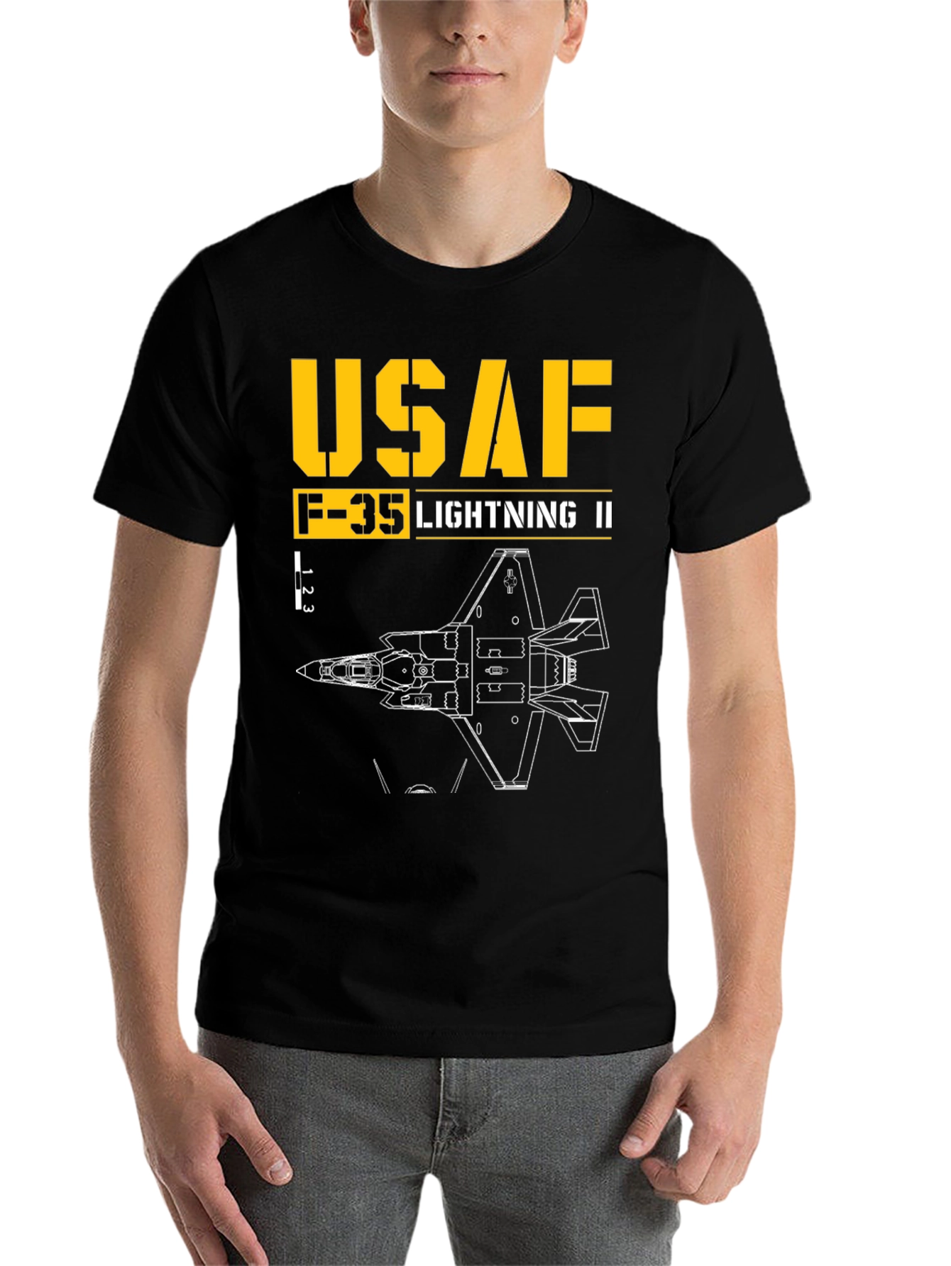 Black USAF F-35 Lightning II Blueprint T-Shirt view 7