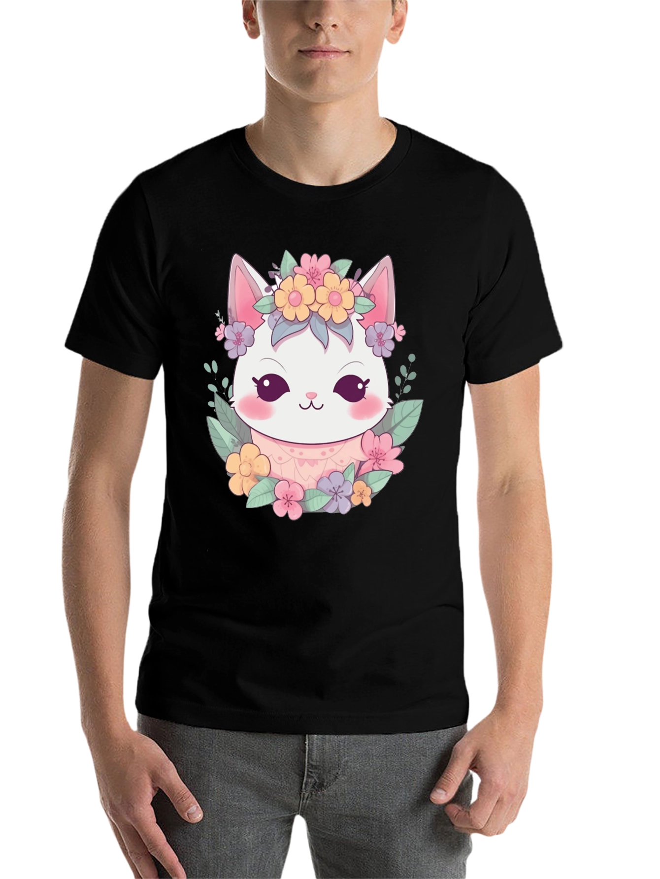 Black Cute Floral Cat Graphic T-Shirt view 7