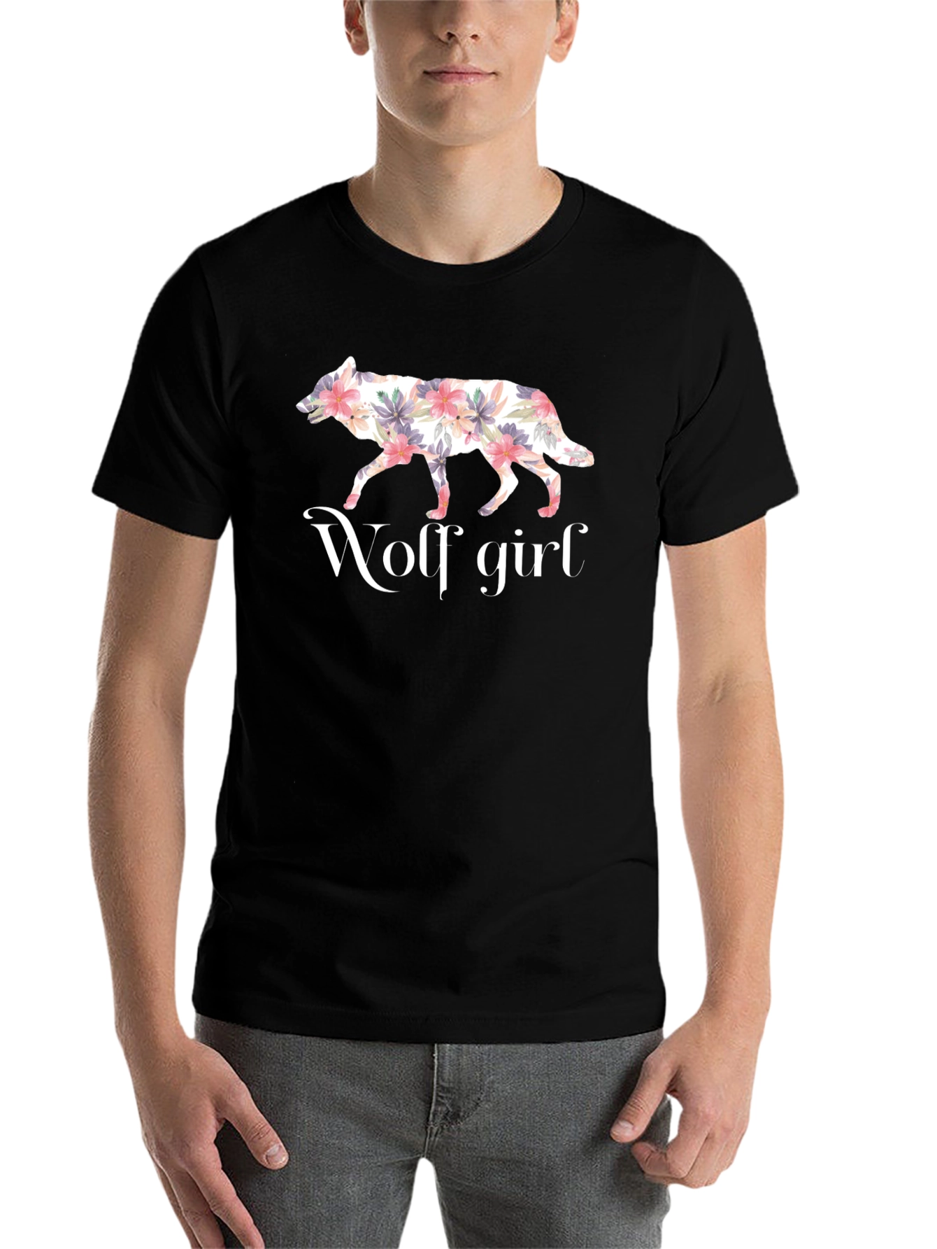 Black Floral Wolf Girl Graphic Tee - Stylish Unisex T-Shirt view 7