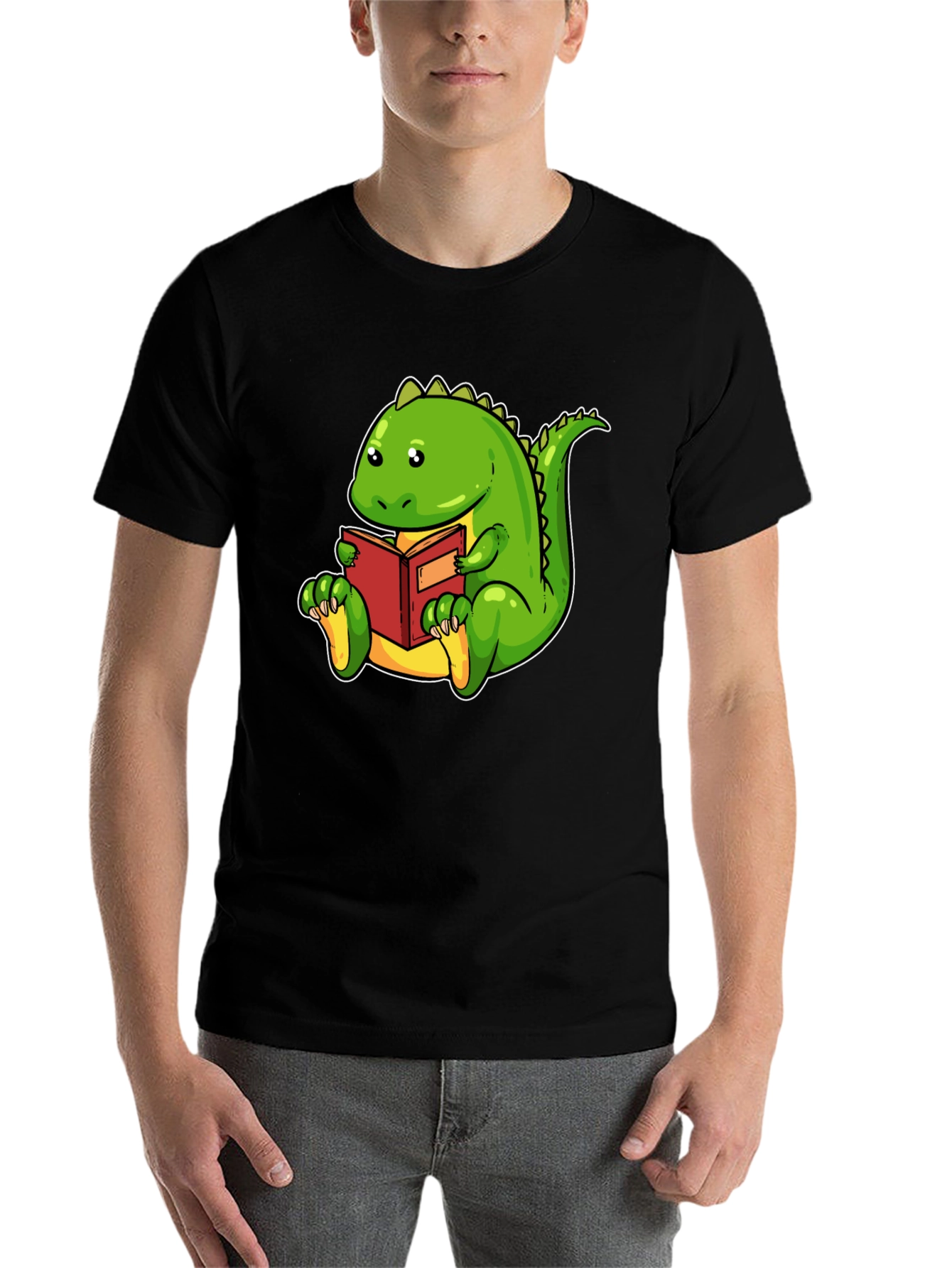 Black Dinosaur Reading Book Black T-Shirt view 7
