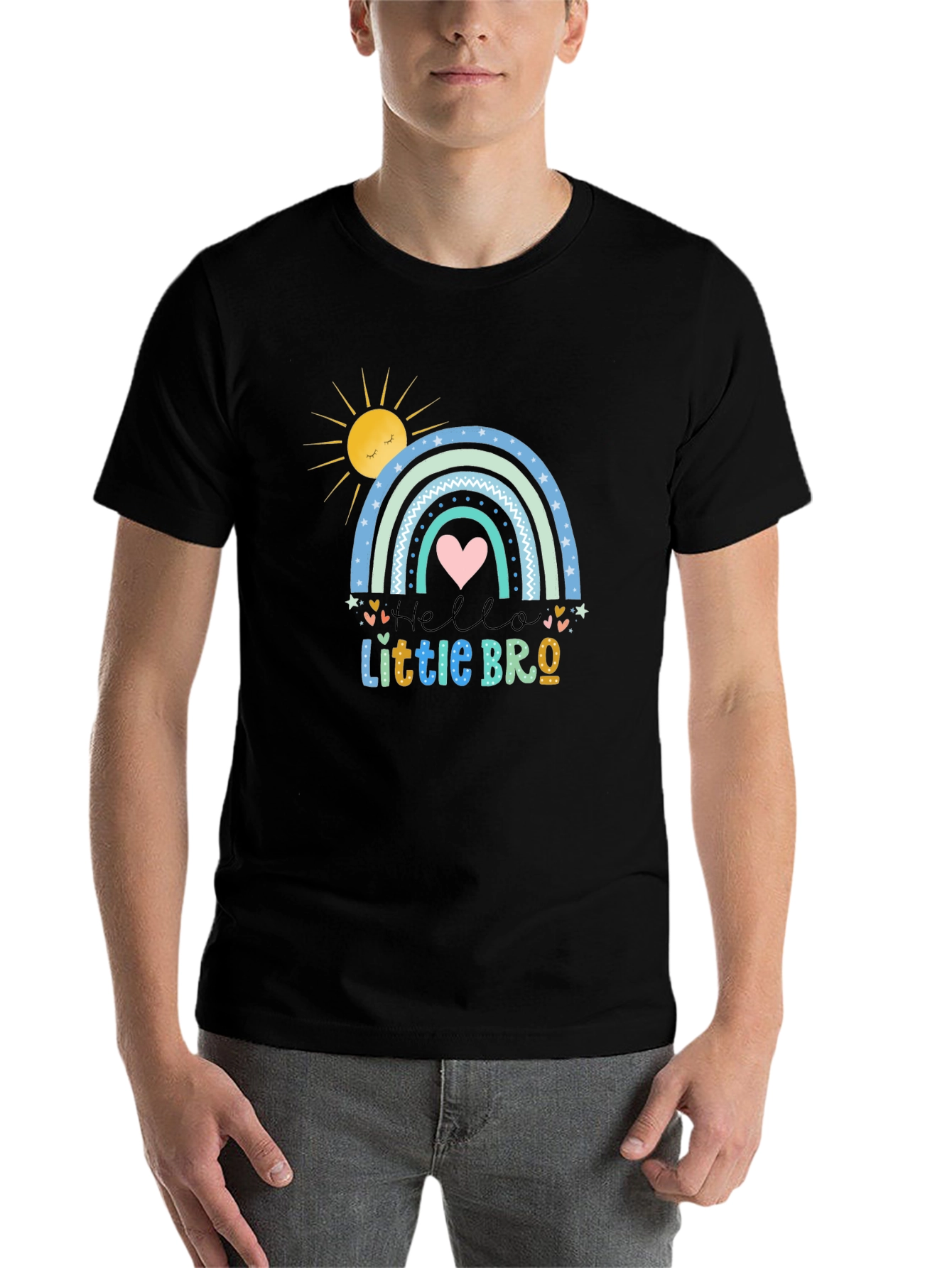 Black Hello Little Bro T-Shirt, Rainbow Design view 7