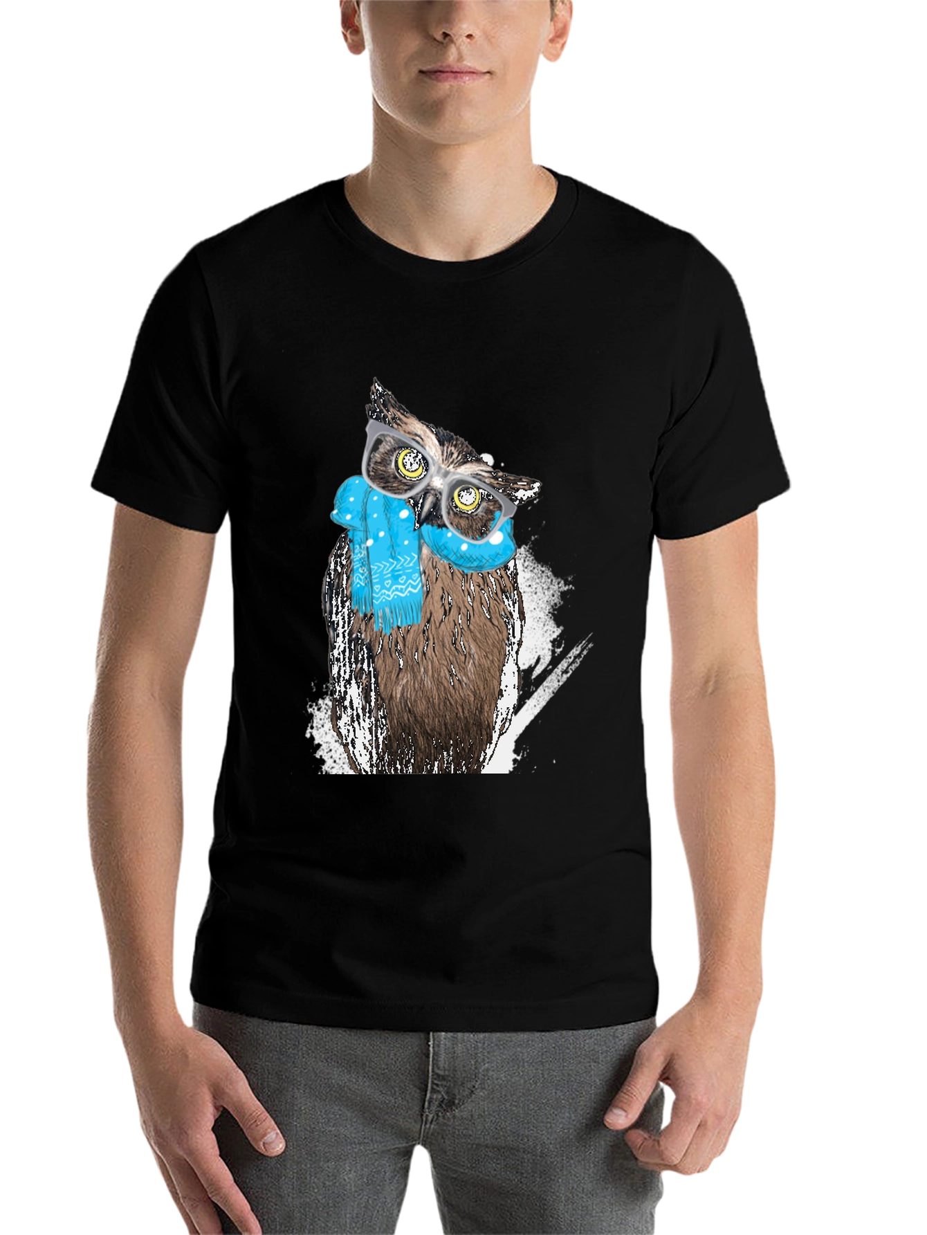 Black Owl with Glasses Graphic Print T-Shirt view 7