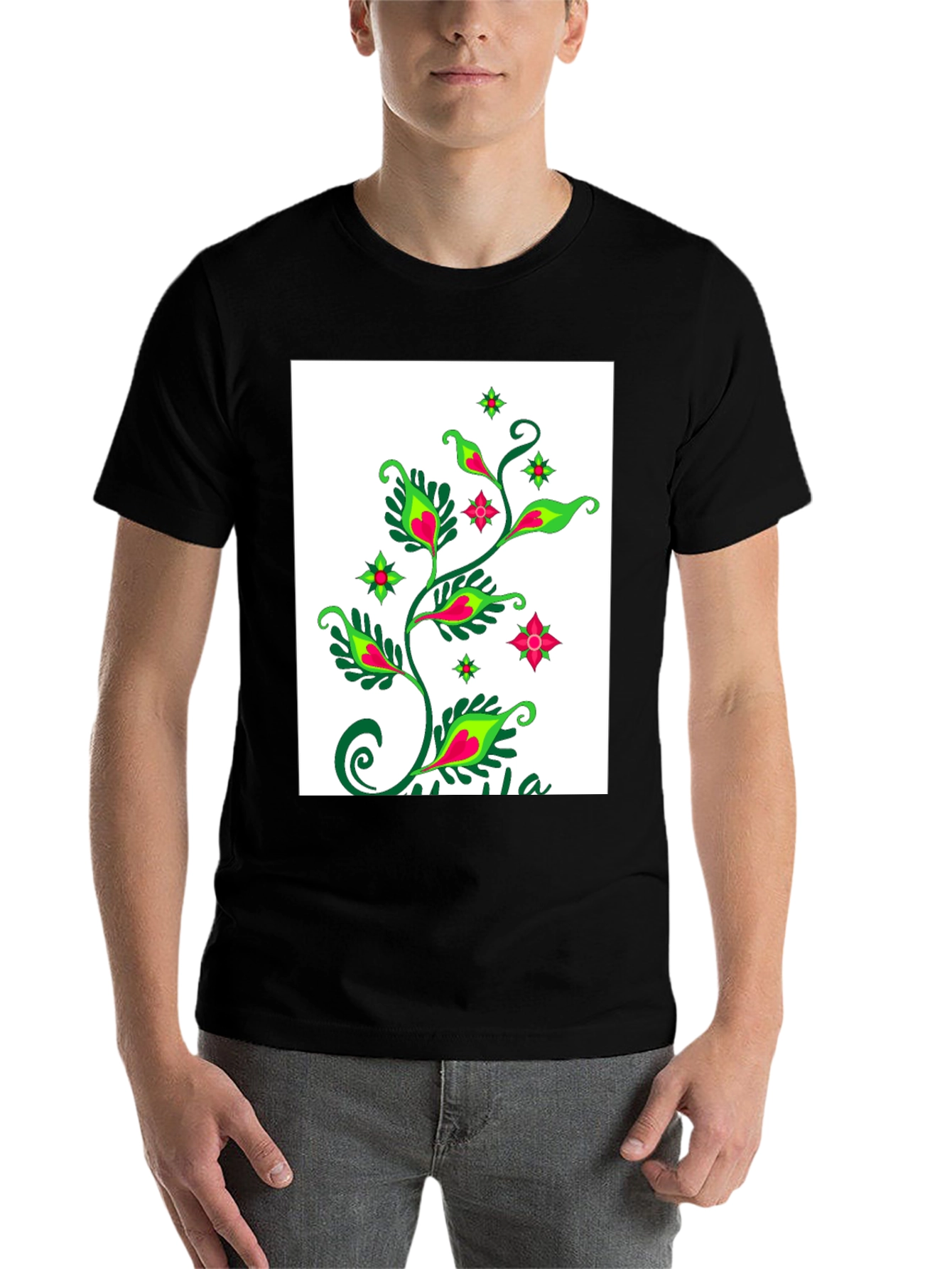 Black Black T-Shirt with Floral Plant Design view 7