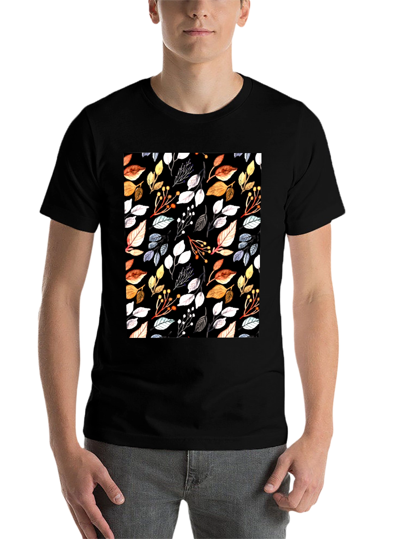 Black Autumn Leaf Print Black T-Shirt view 7