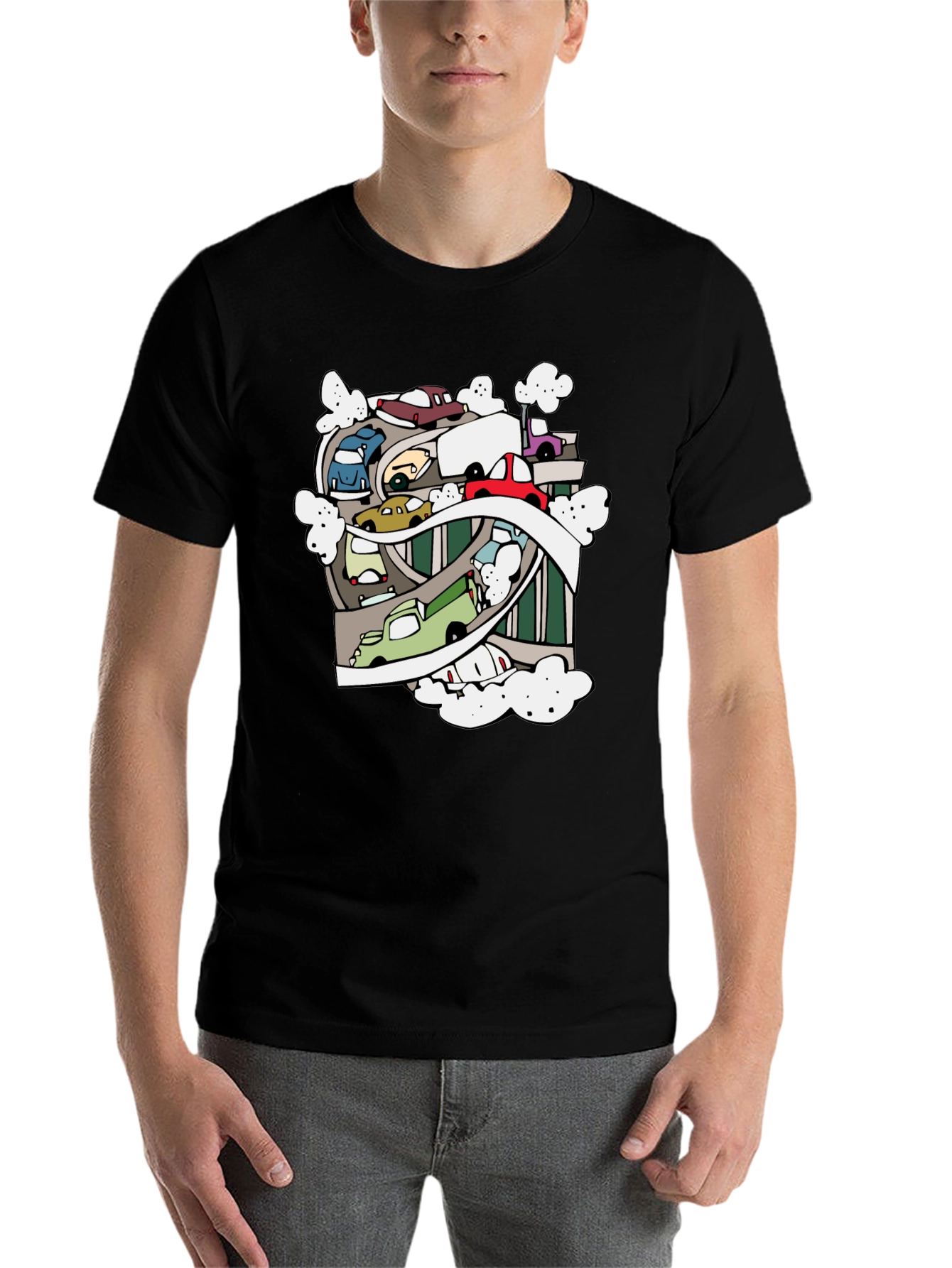Black Cartoon Cars Graphic Black T-Shirt view 7