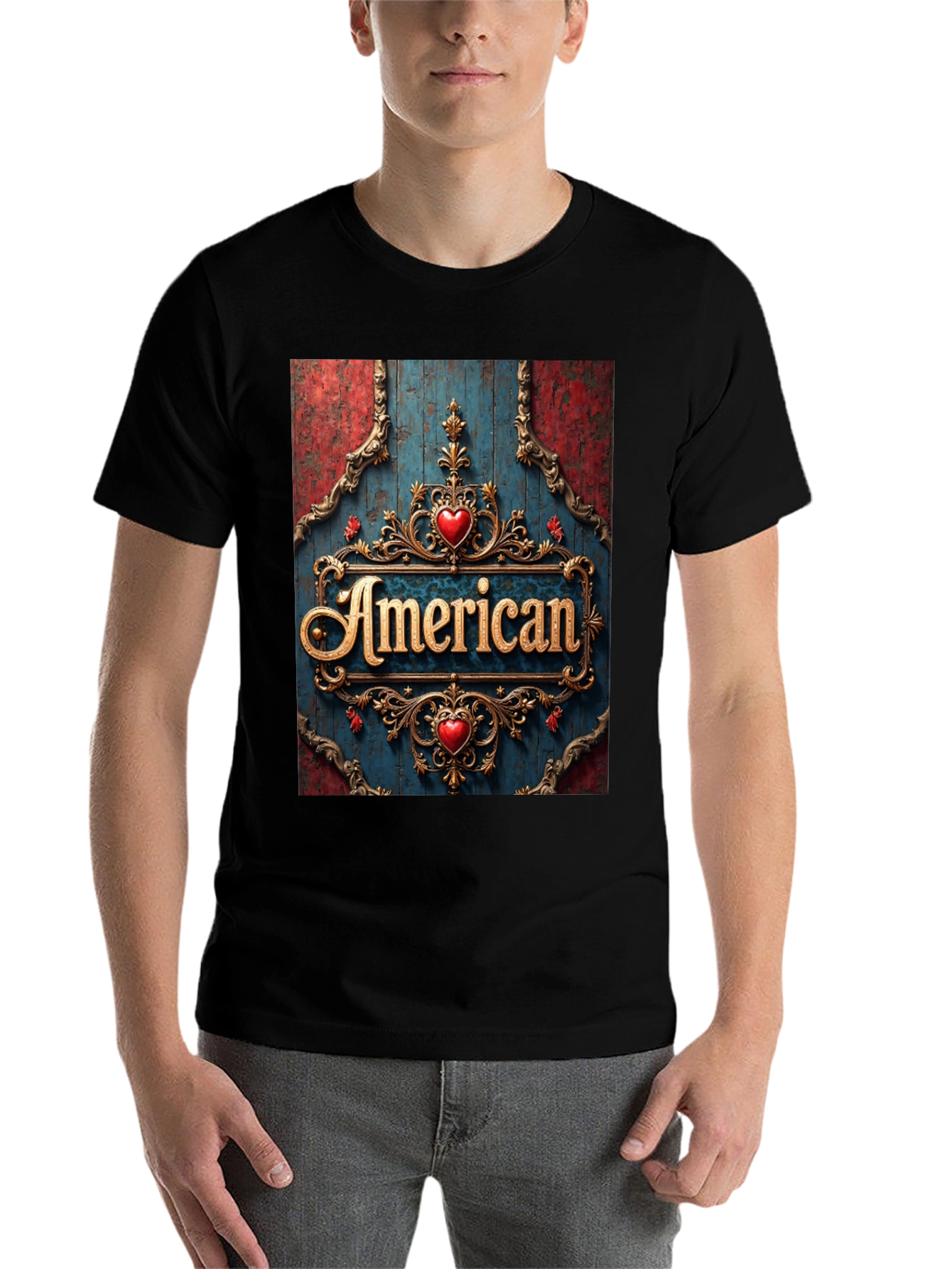 Black American Pride T-Shirt: Ornate Heart Design view 7