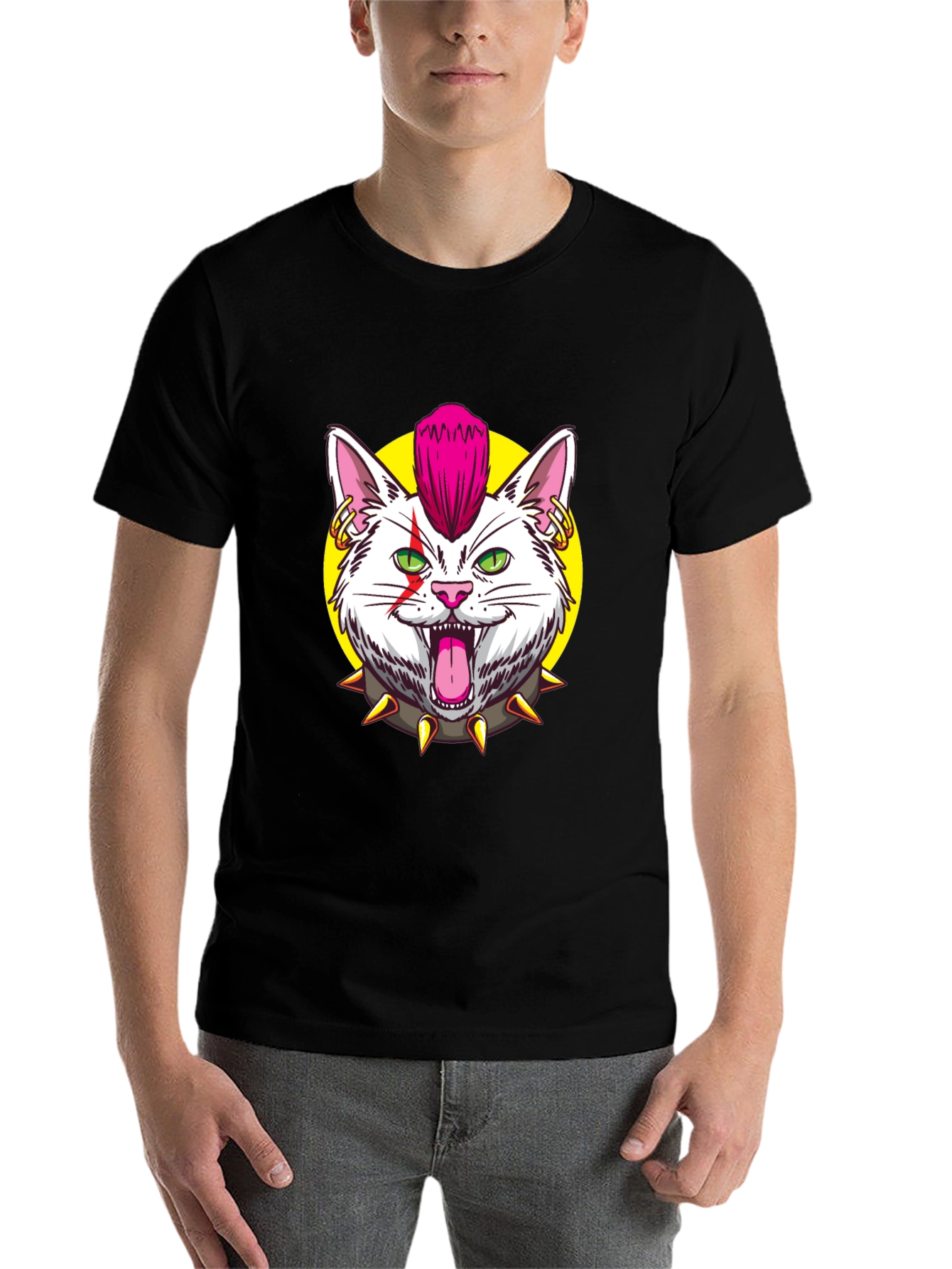 Black Punk Rock Cat Graphic Black T-Shirt view 7