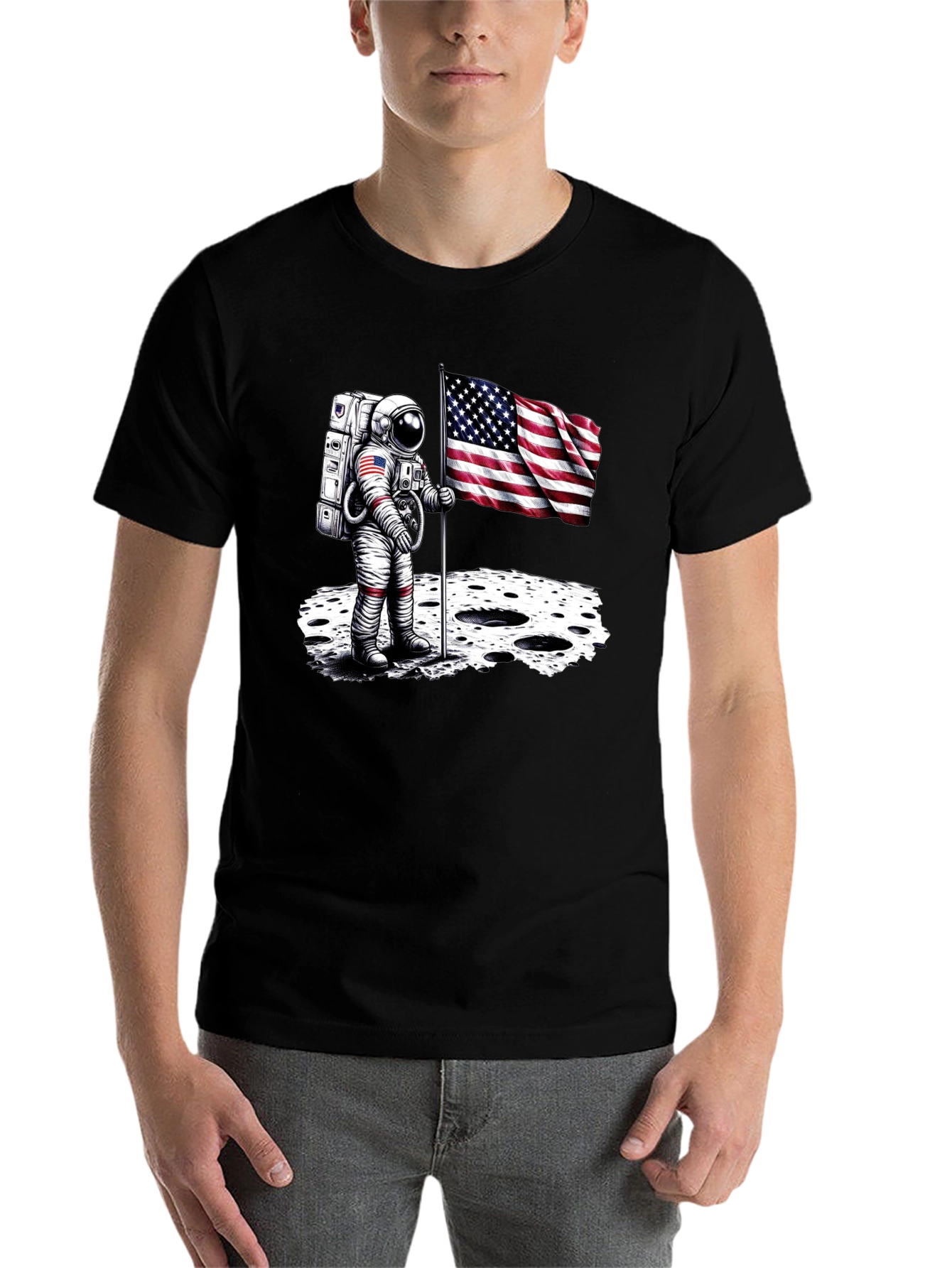 Black Astronaut American Flag T-Shirt - Moon Landing view 7