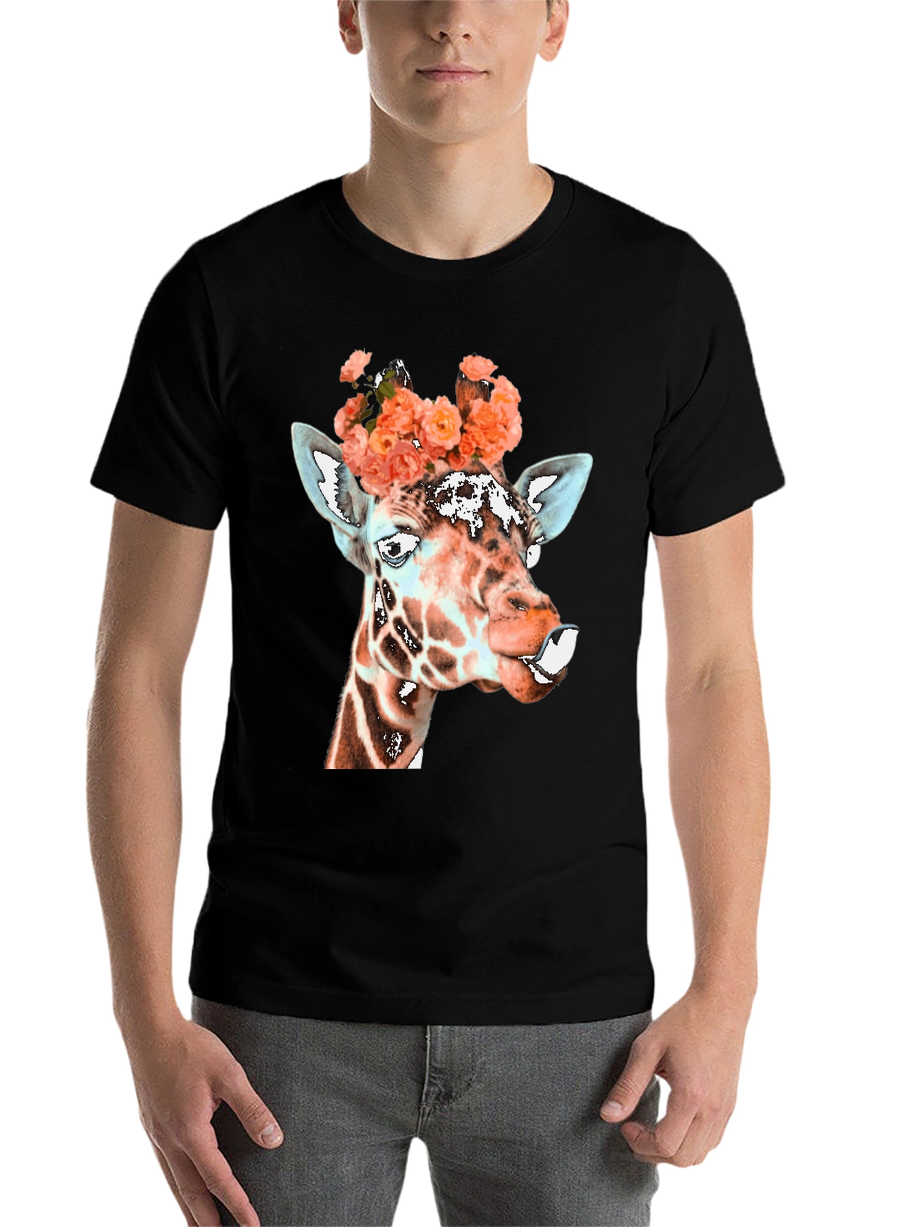 Black Giraffe Floral Crown Graphic Tee - Unique Animal Shirt view 7