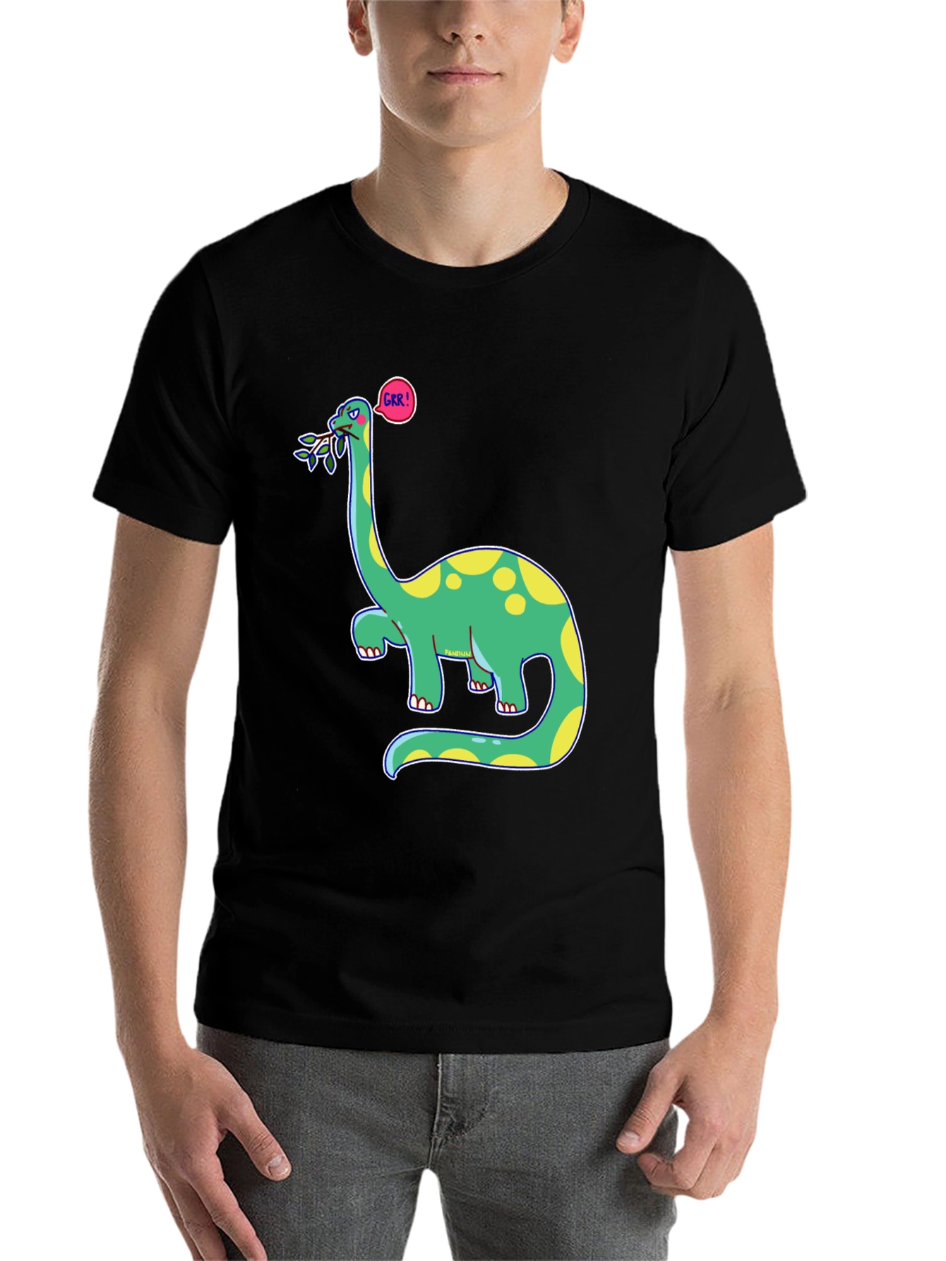 Black Dino GRR! Black T-Shirt - Cartoon Brontosaurus Tee view 7