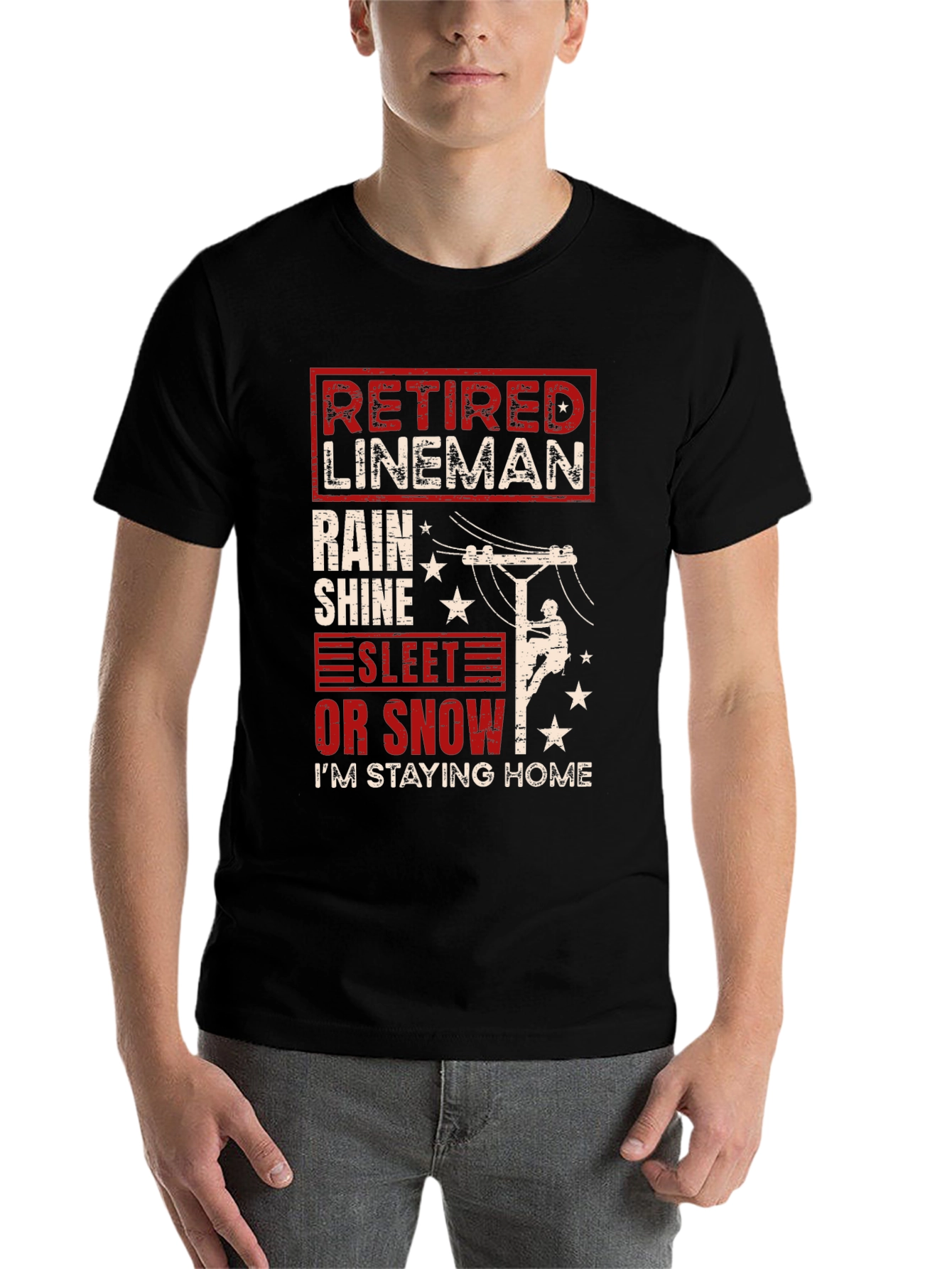 Black Retired Lineman T-Shirt - Stay Home in Style view 7