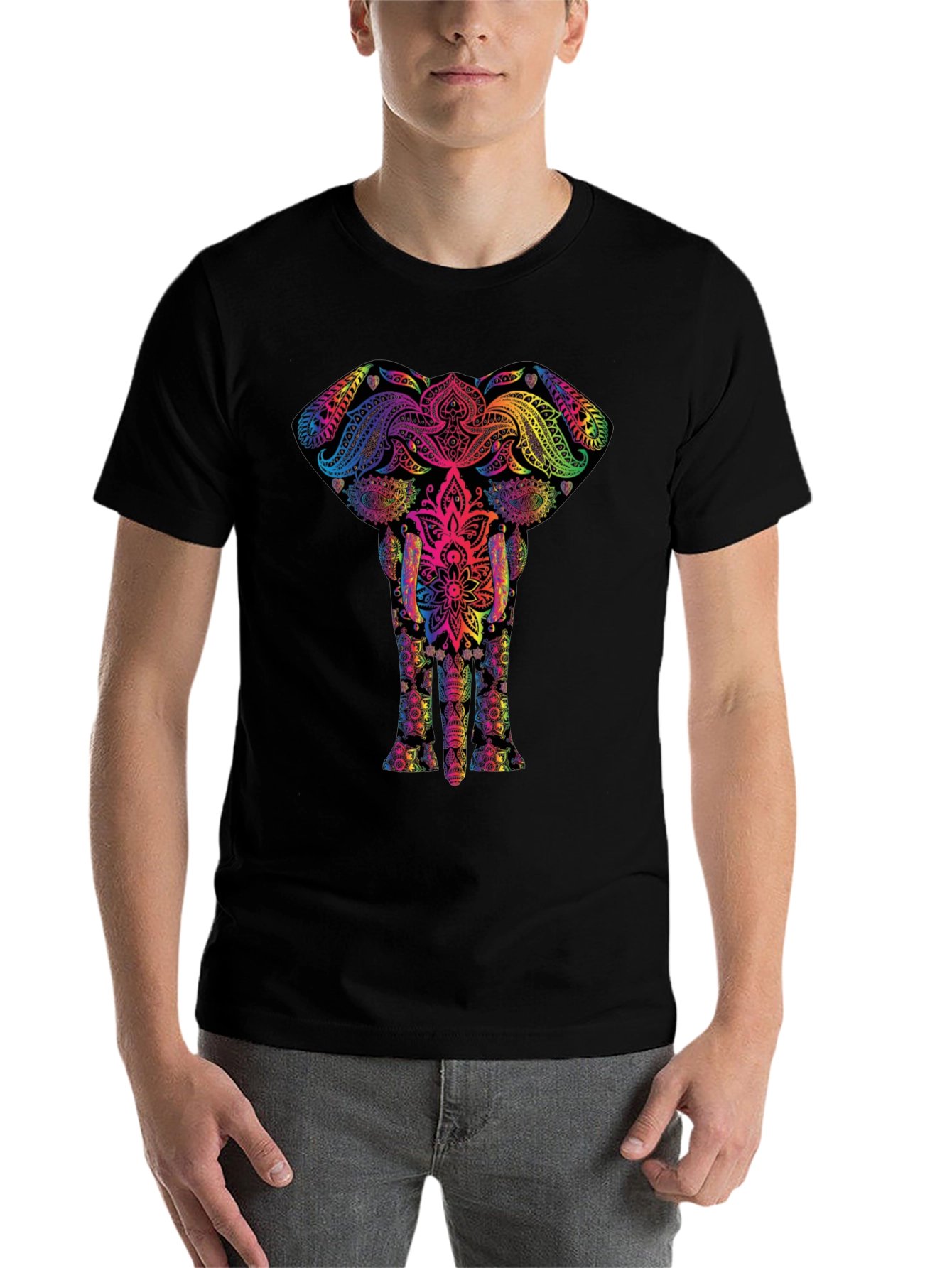 Black Vibrant Elephant Mandala Graphic Tee - Black view 7