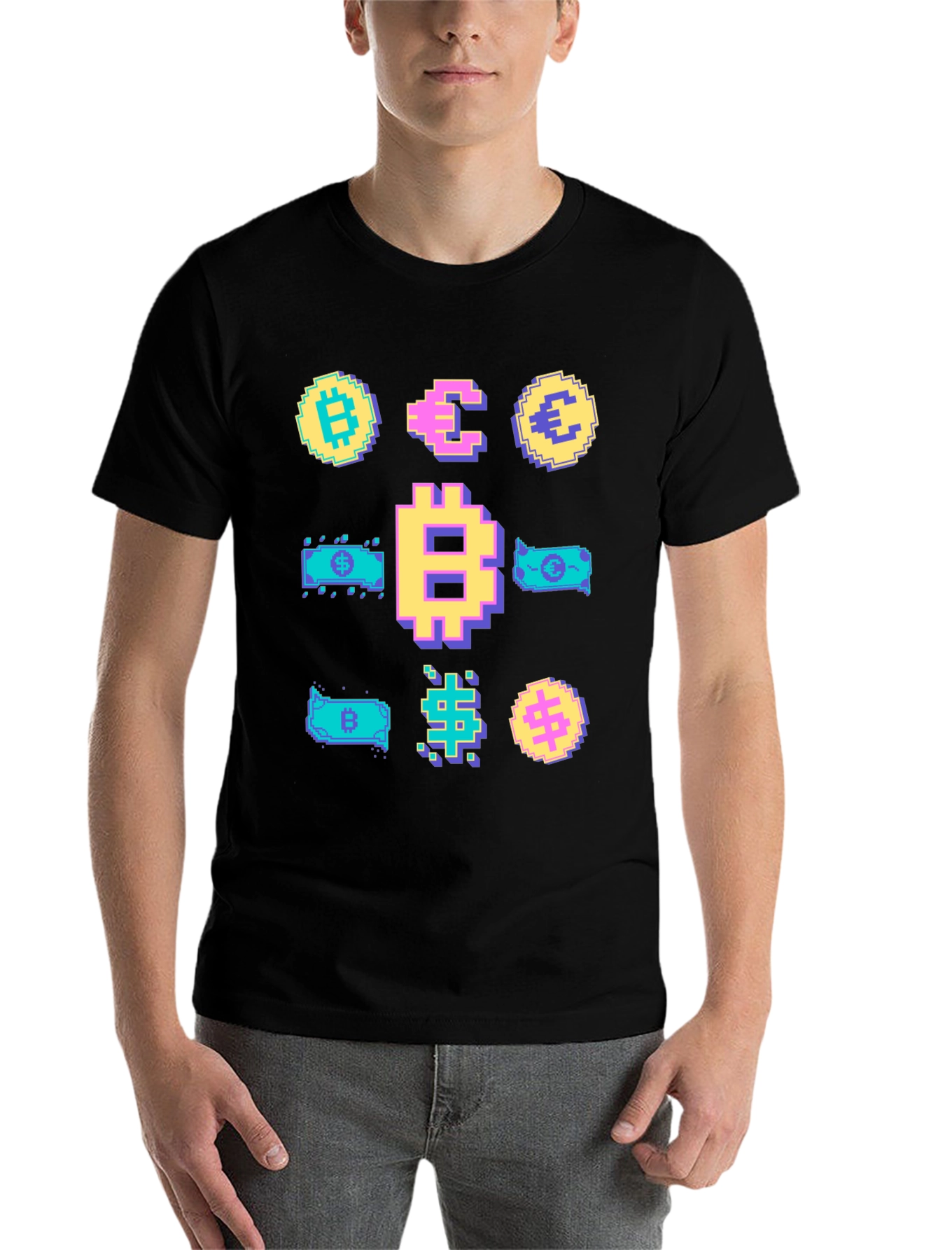 Black Crypto Pixel Art T-Shirt: Bitcoin, Euro, Dollar view 7