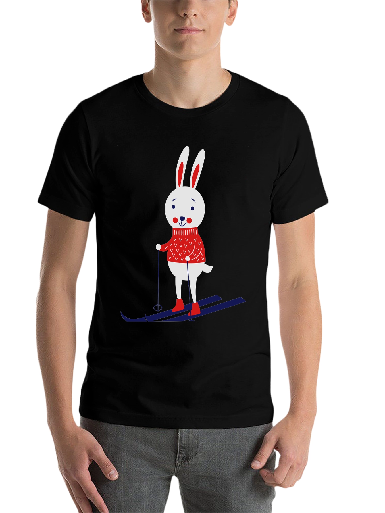Black Skiing Rabbit Graphic Tee - Black Cotton T-Shirt view 7