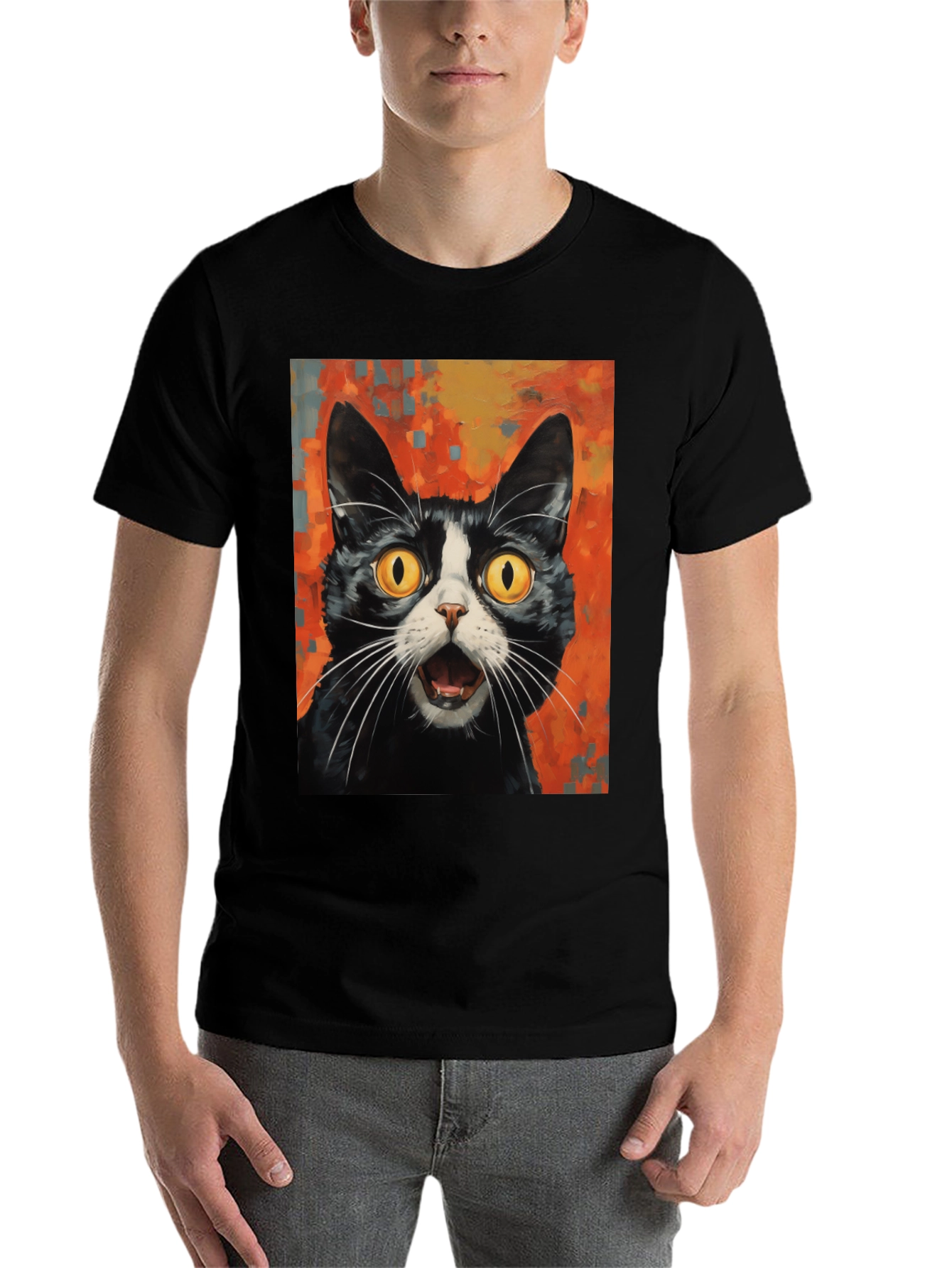 Black Shocked Cat Graphic Tee - Black Cotton T-Shirt view 7