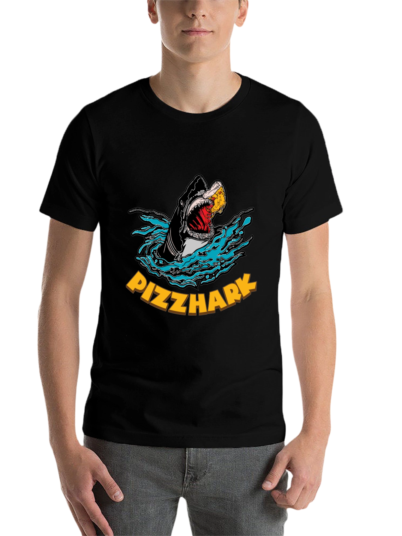 Black Pizza Shark Graphic T-Shirt - Funny Tee view 7