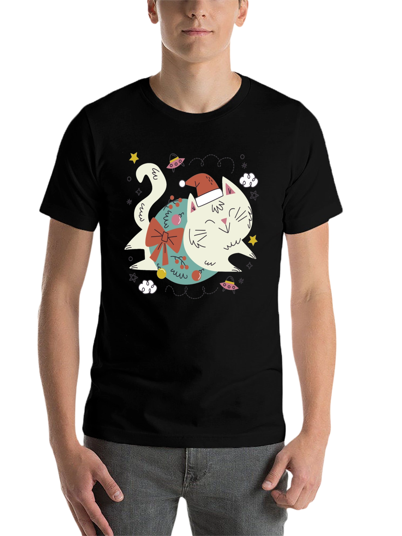 Black Festive Cat T-Shirt - Holiday Graphic Tee view 7