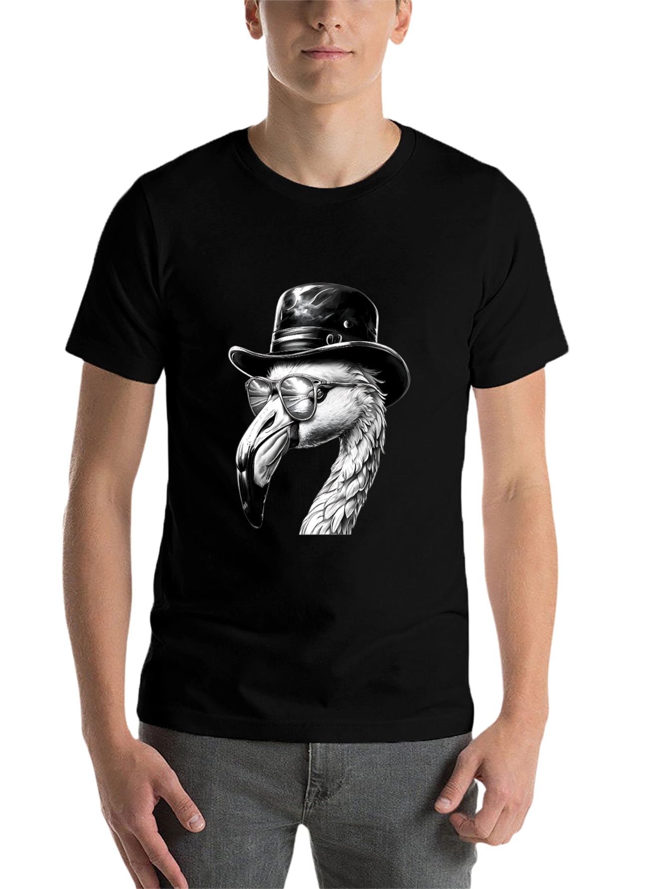Black Flamingo Fedora Tee - Cool Bird Graphic T-Shirt view 7