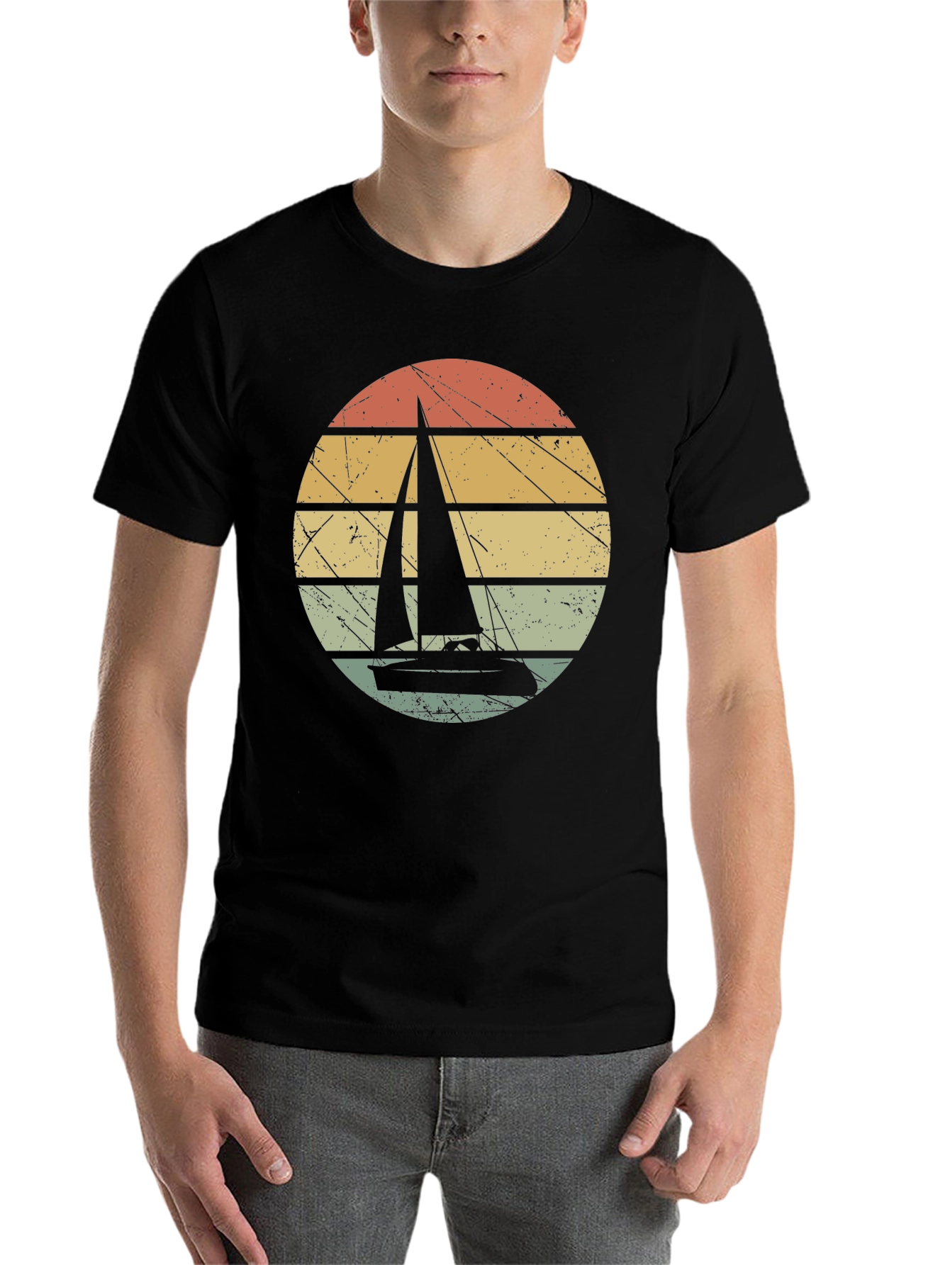 Black Vintage Sunset Sailboat Graphic T-Shirt view 7