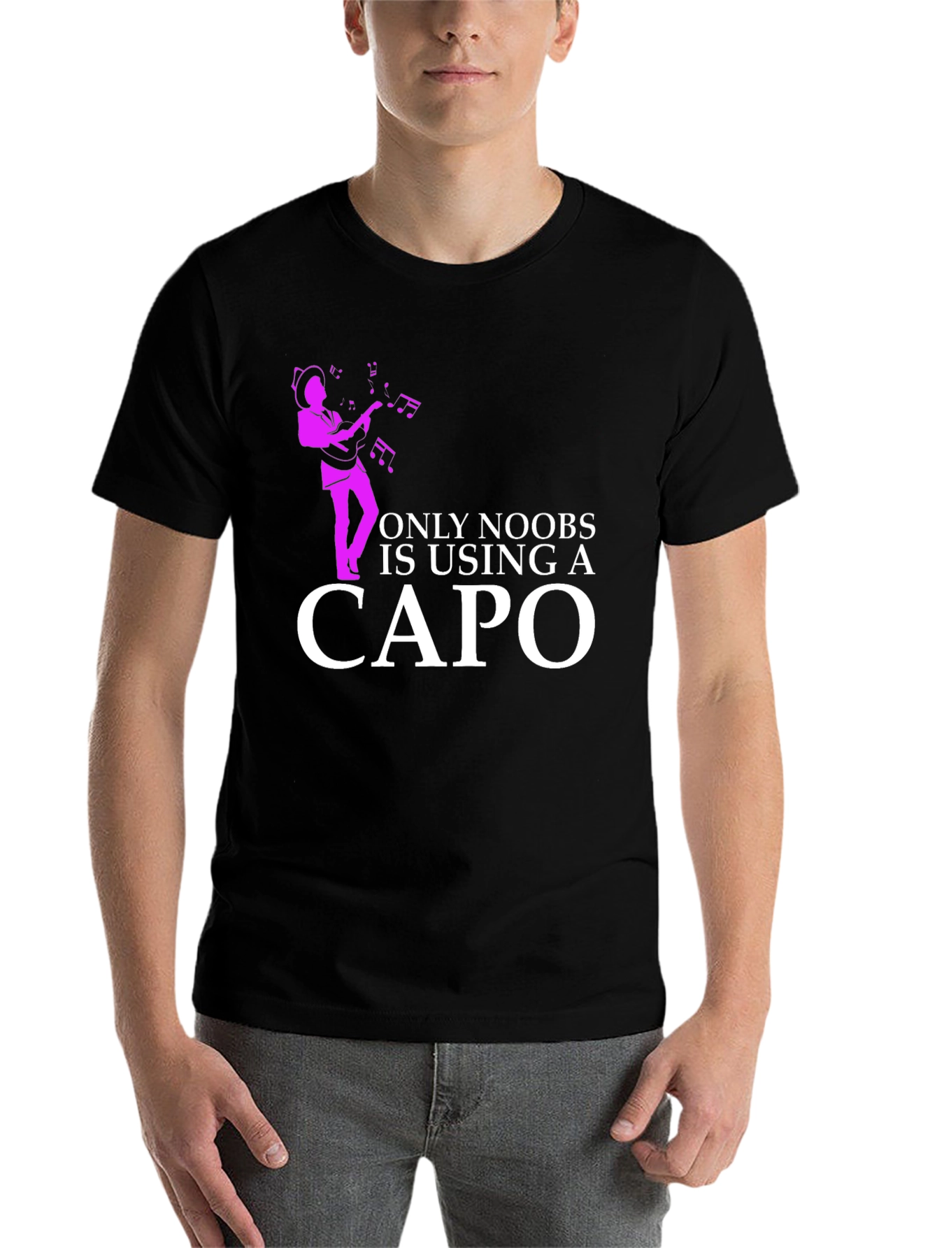 Black Funny Musician T-Shirt - Only Noobs Use A Capo view 7