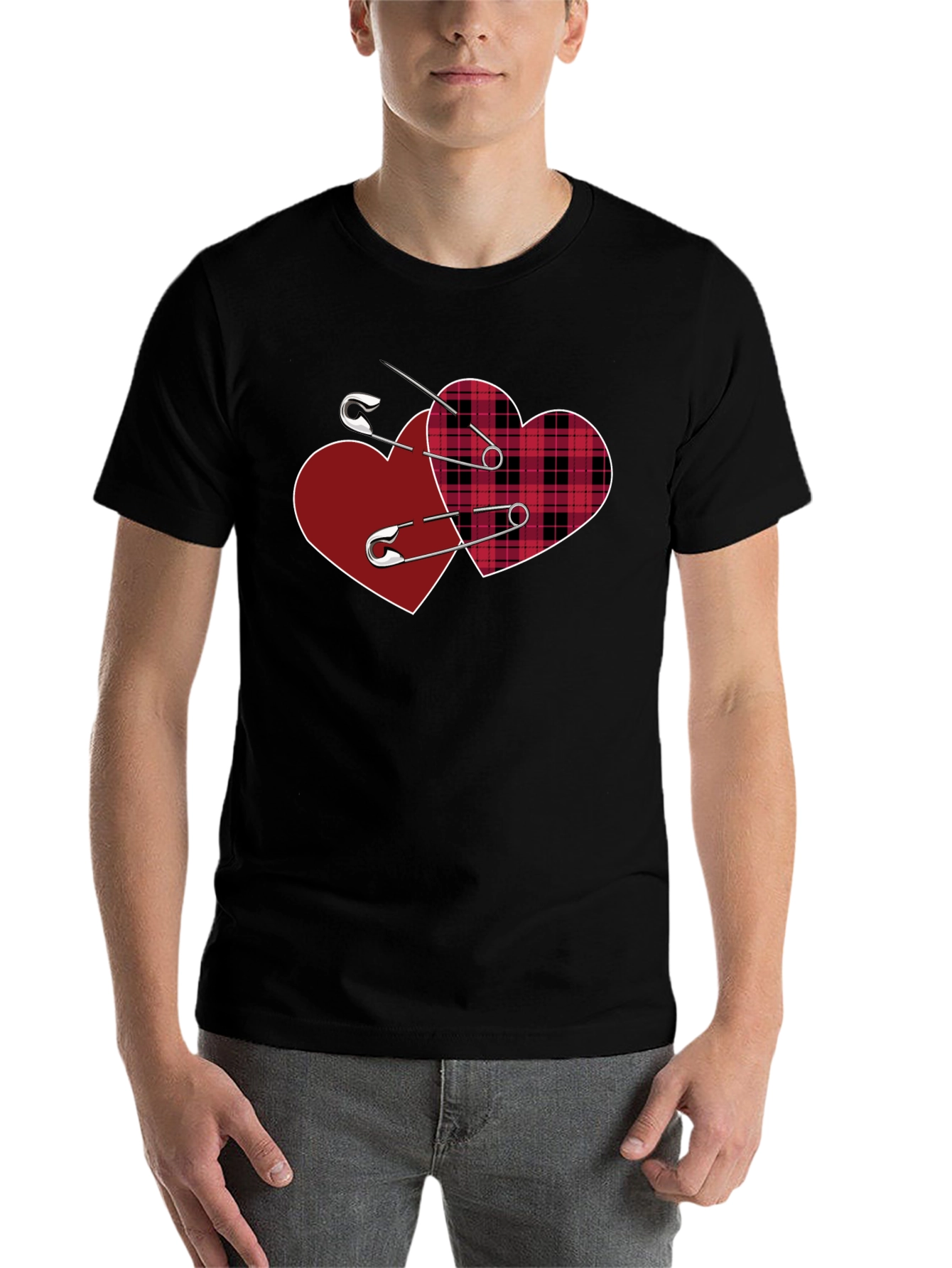 Black Safety Pin Hearts Graphic Tee - Edgy Valentine's Style view 7