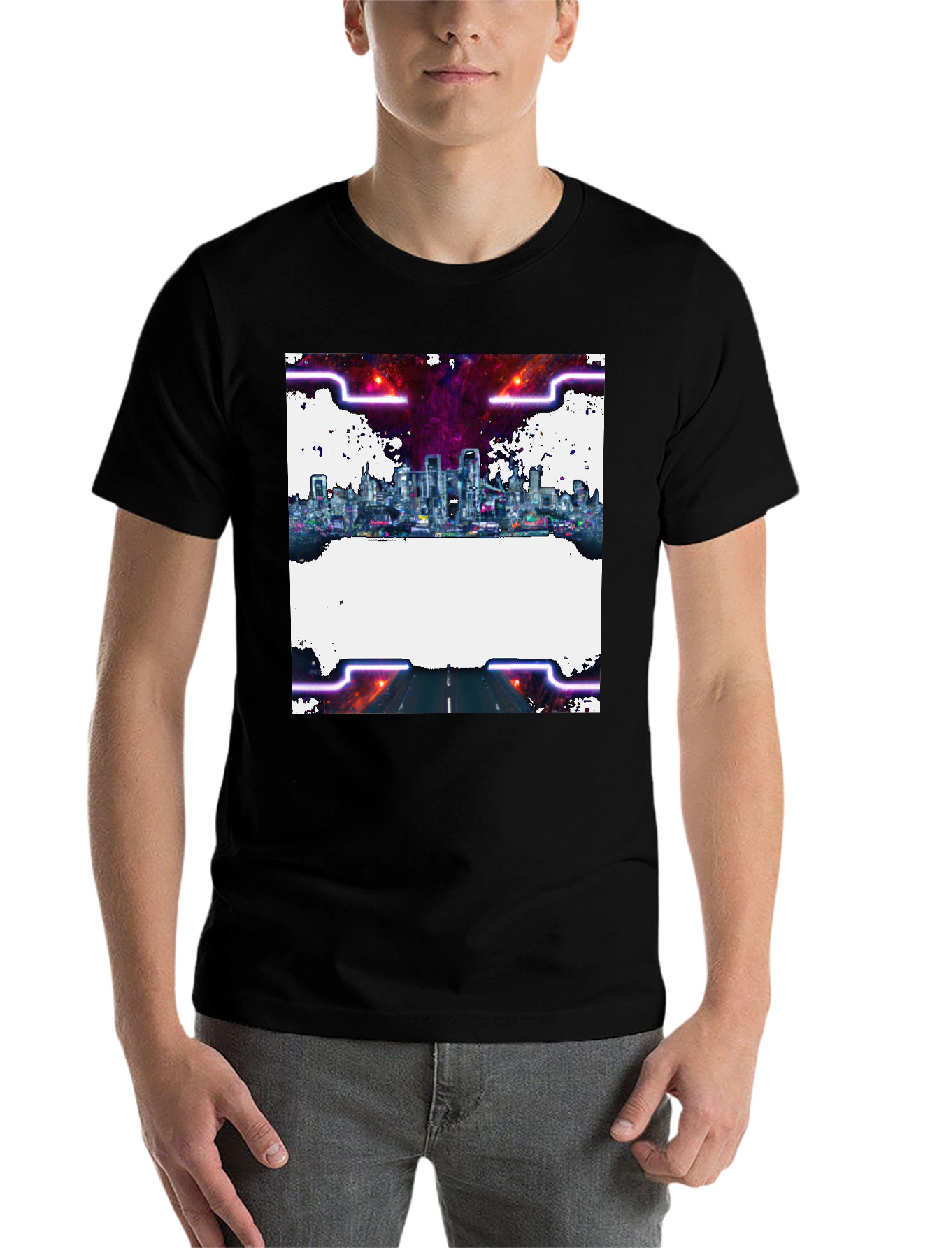 Black Cyberpunk Cityscape Graphic Tee - Black Crew Neck view 7