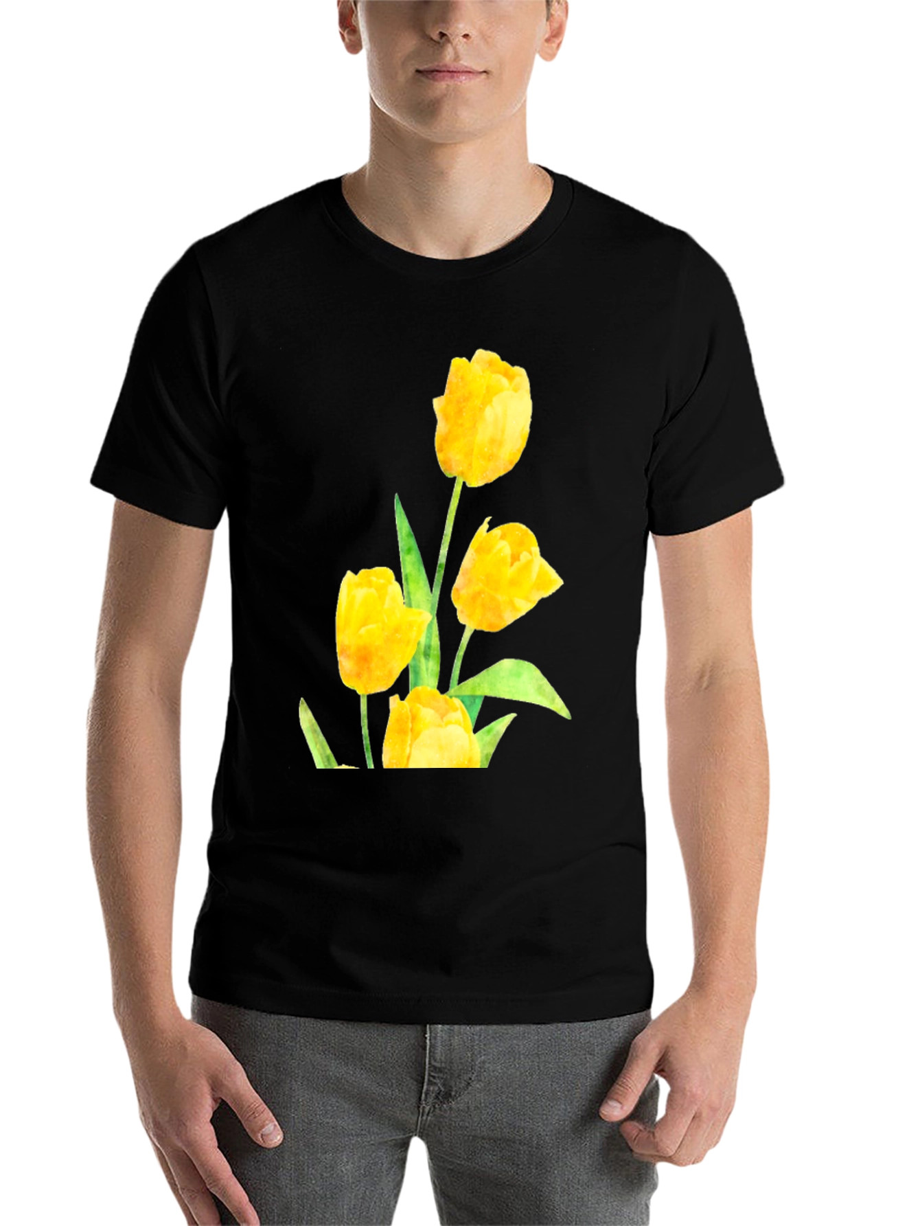 Black Men's Black T-Shirt with Yellow Tulip Floral Design view 7