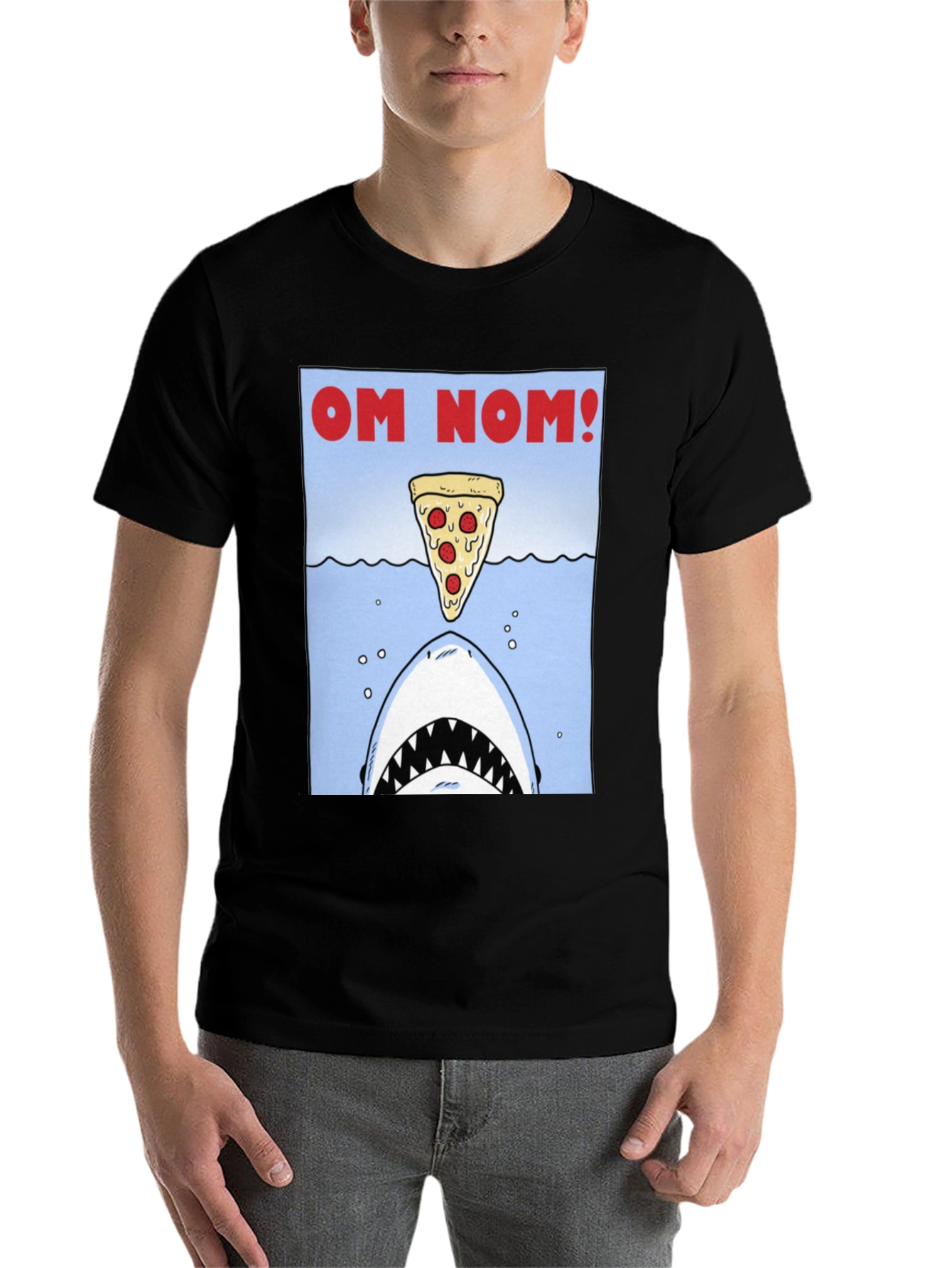 Black Om Nom Pizza Shark T-Shirt - Funny Foodie Tee view 7
