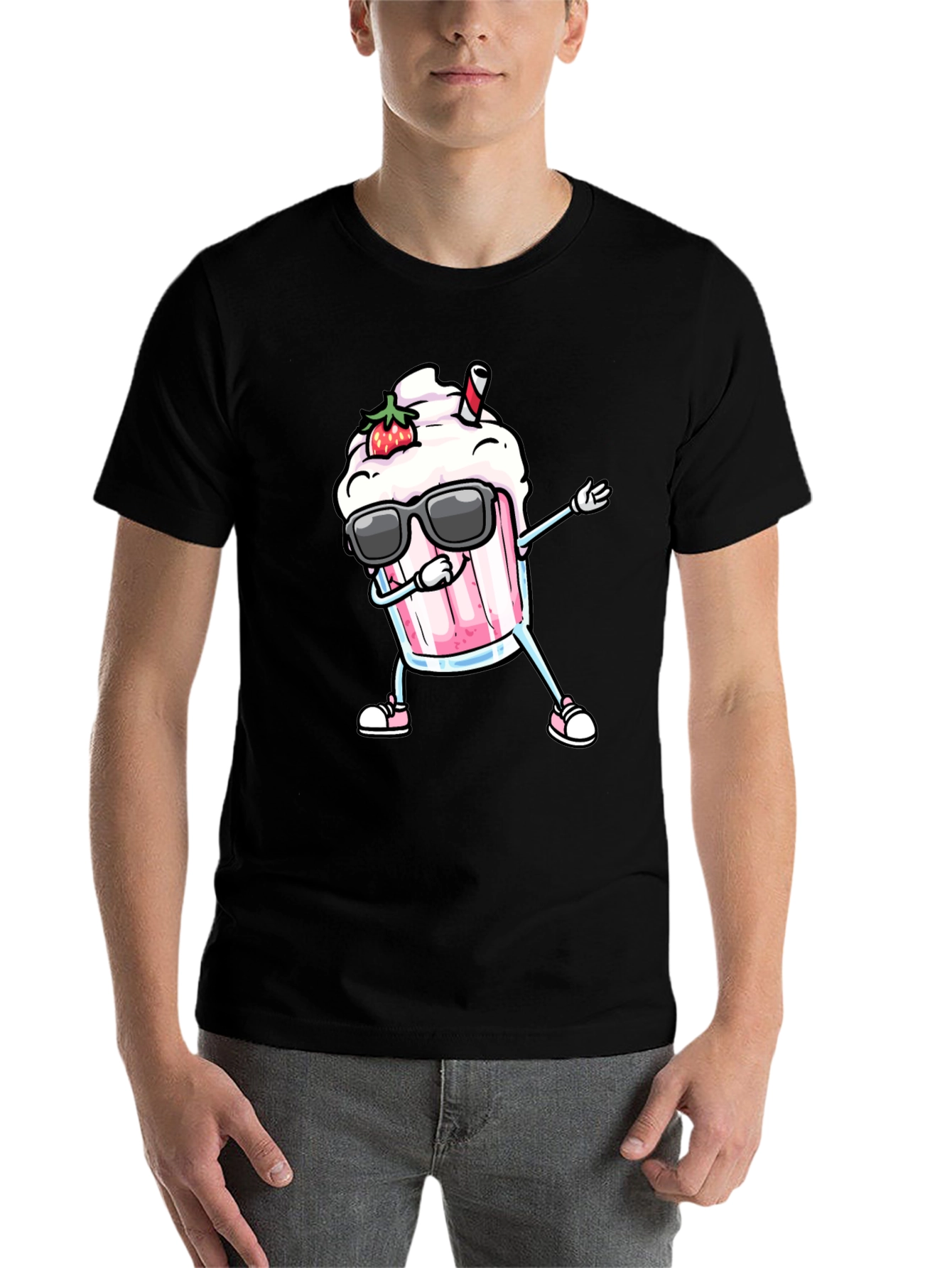 Black Cool Strawberry Milkshake Dabbing Graphic Tee view 7