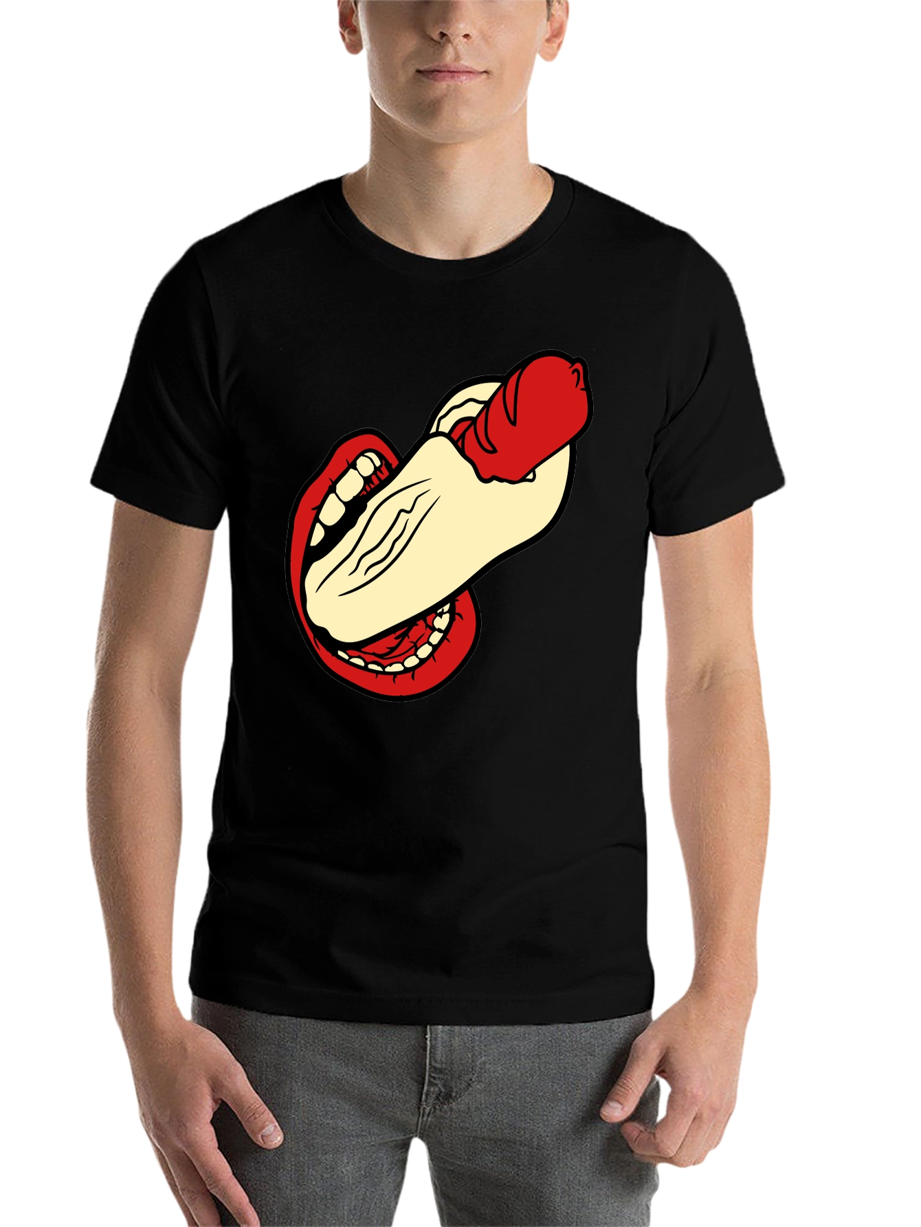 Black Humorous Hot Dog Bite Black T-Shirt view 7