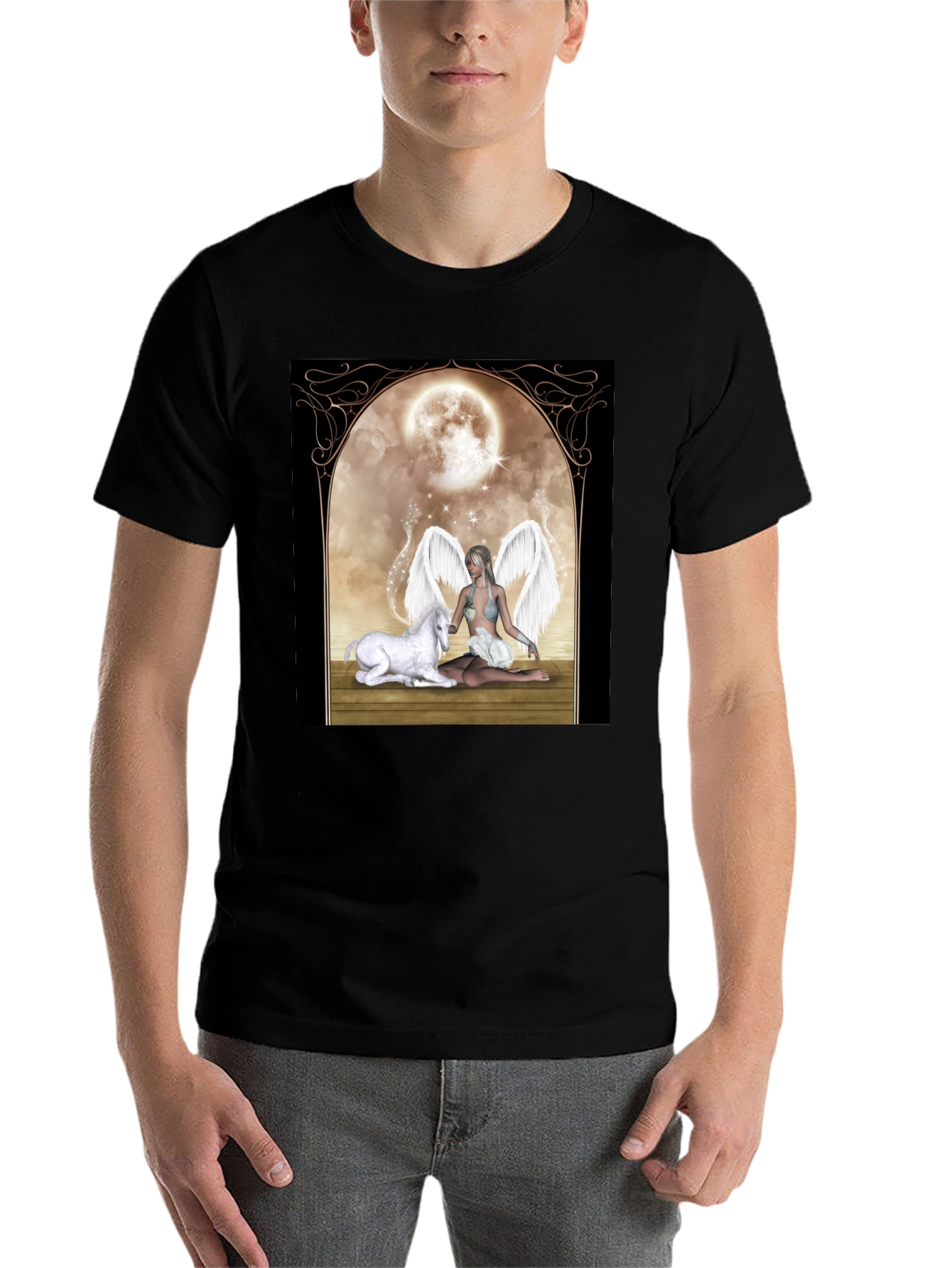 Black Fantasy Angel & Unicorn T-Shirt view 7