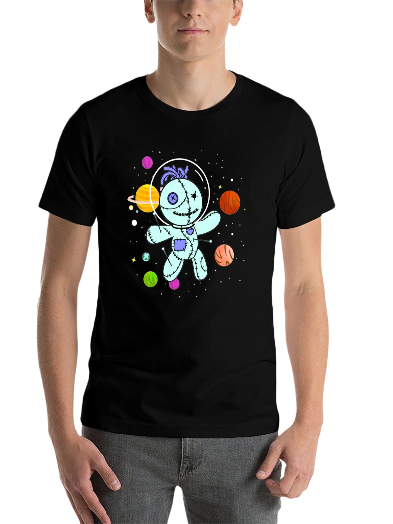 Black Astronaut Voodoo Doll T-Shirt - Unisex Black Tee view 7