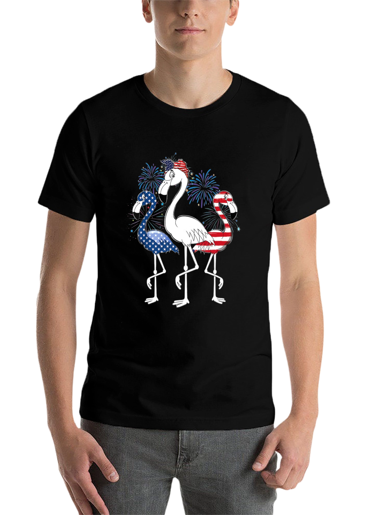 Black Patriotic Flamingo Graphic Tee - USA Flag Design view 7