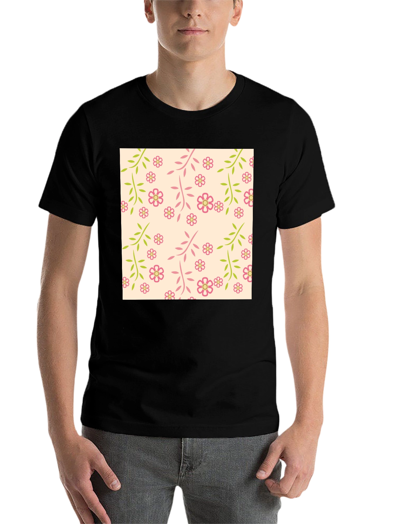 Black Floral Pattern Black T-Shirt view 7